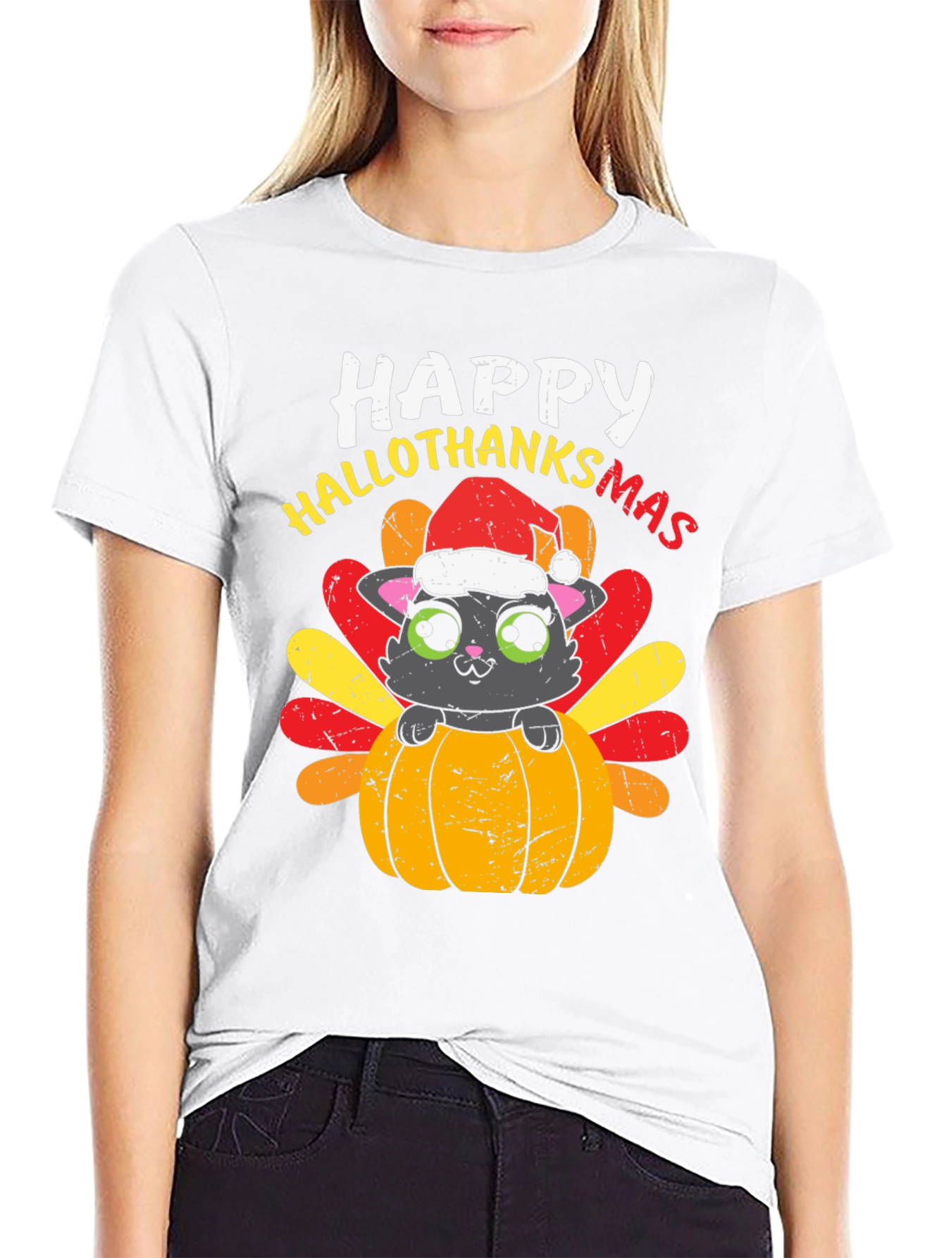Happy Hallothanksmas Cat Turkey T-Shirt
