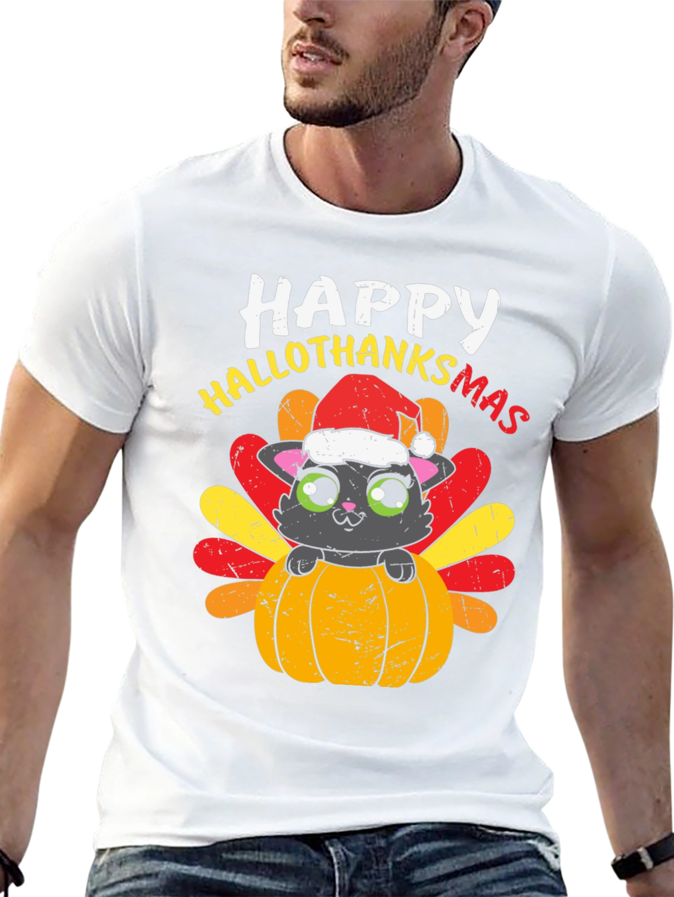 Happy Hallothanksmas Cat Turkey T-Shirt
