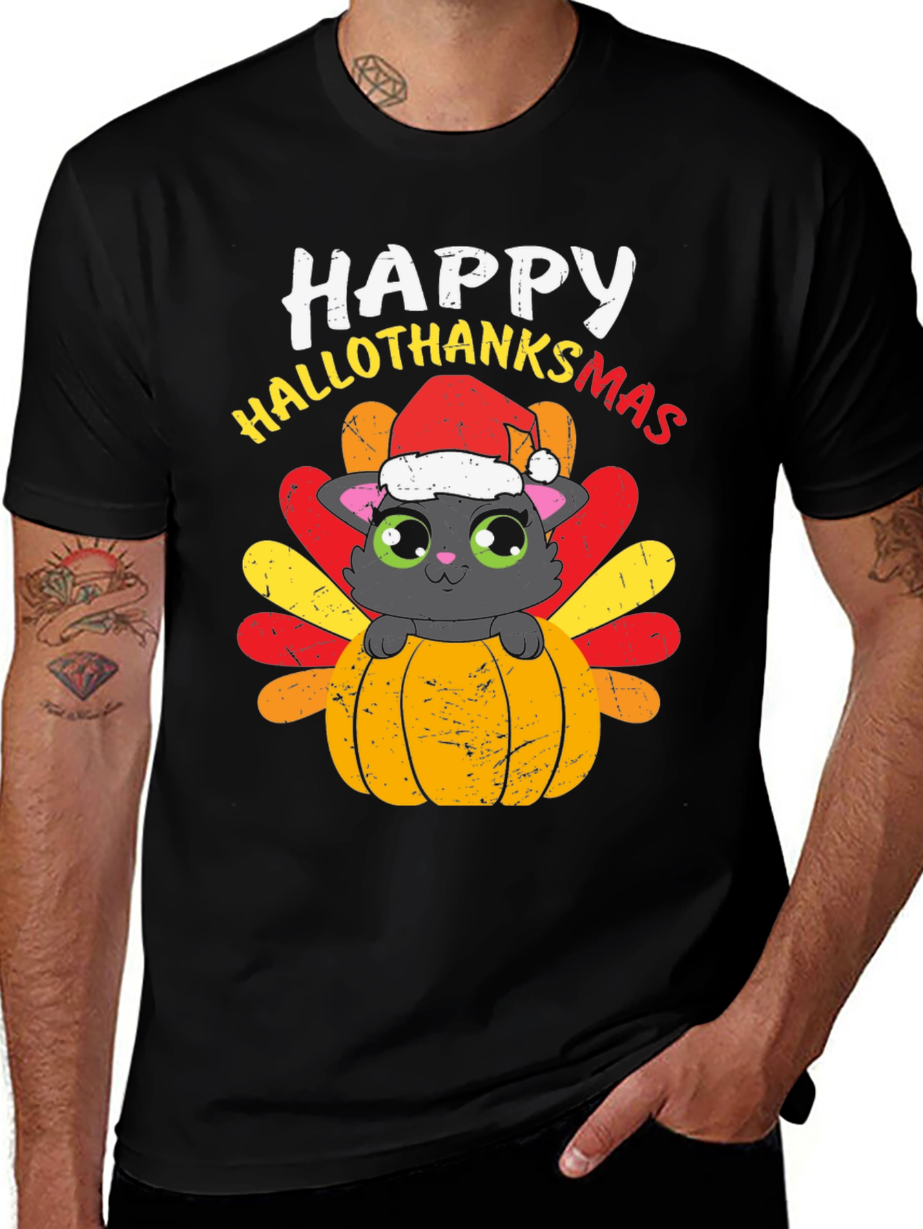 Happy Hallothanksmas Cat Turkey T-Shirt