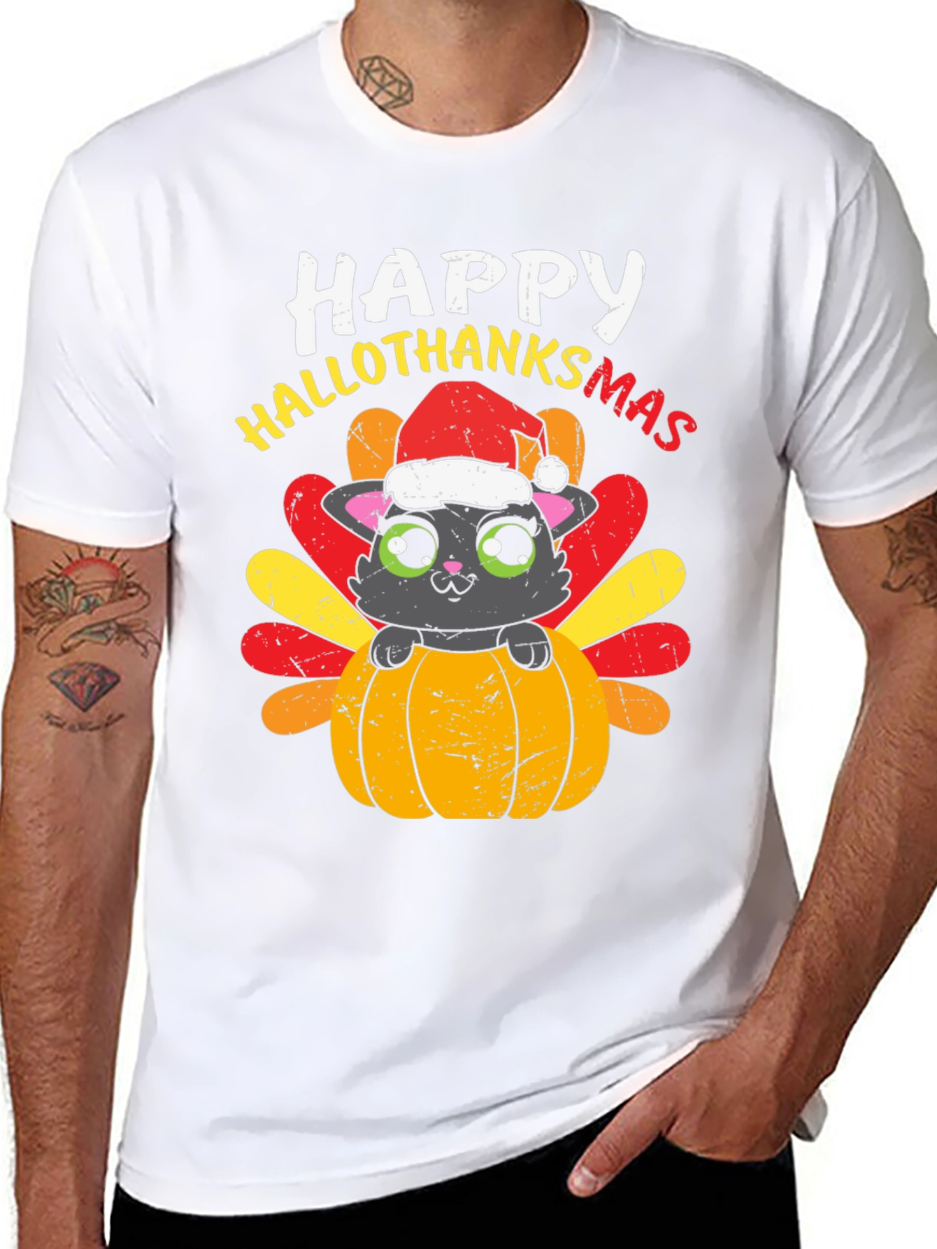 Happy Hallothanksmas Cat Turkey T-Shirt