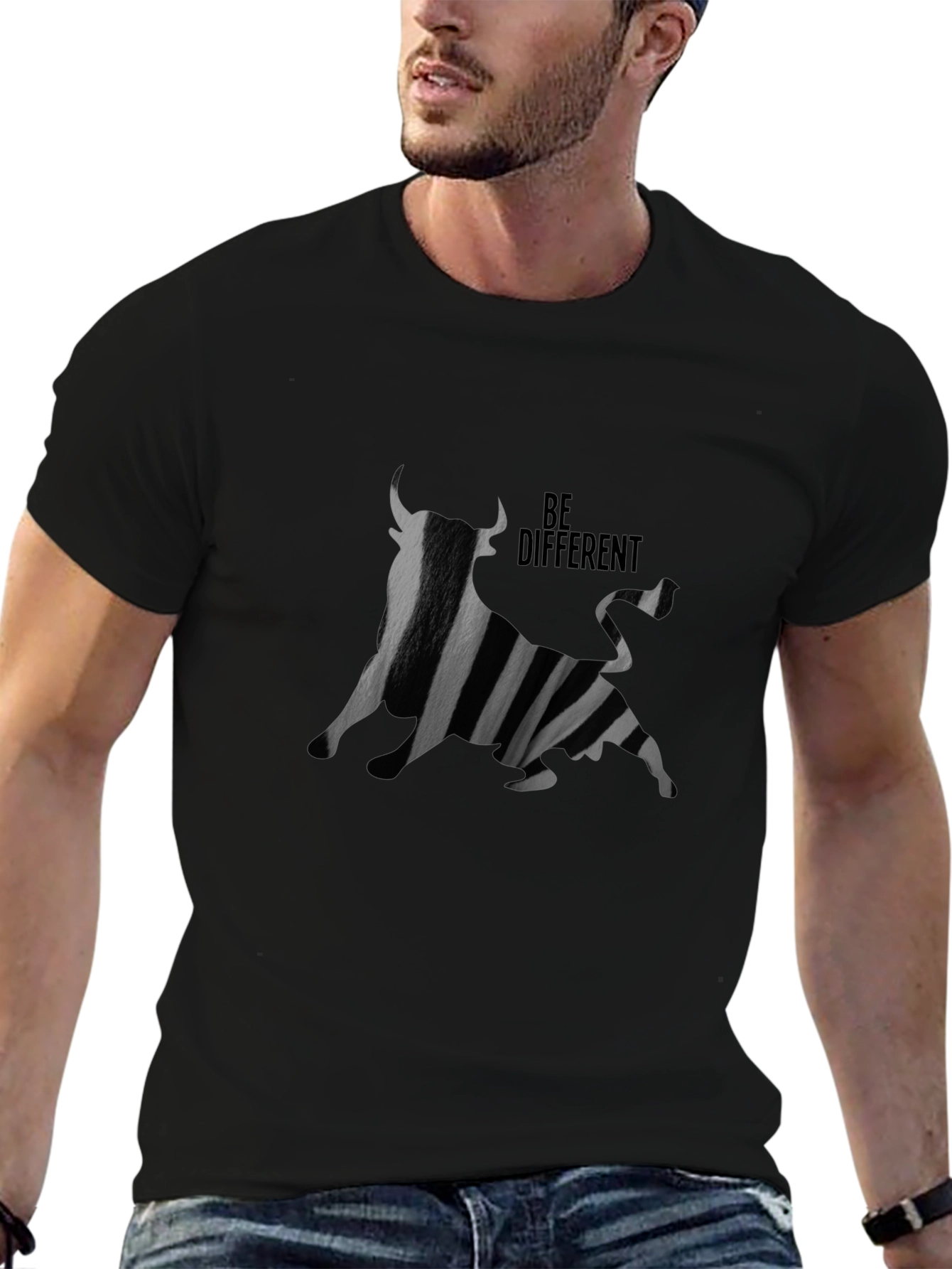 Be Different Bull Graphic Black T-Shirt