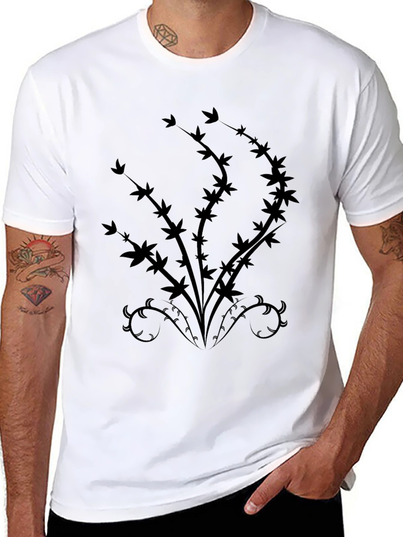 Black T-Shirt with Abstract Botanical Design