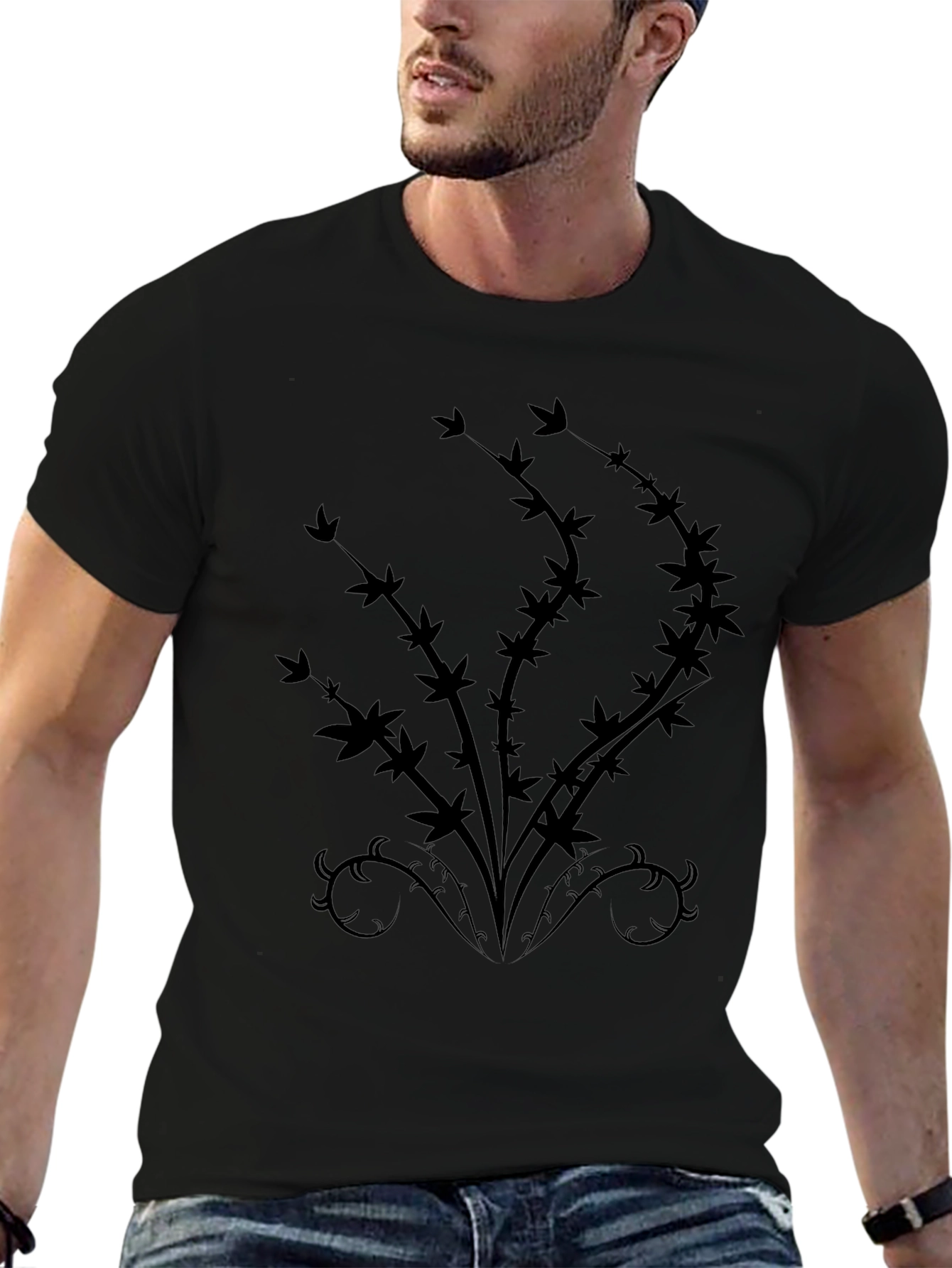 Black T-Shirt with Abstract Botanical Design