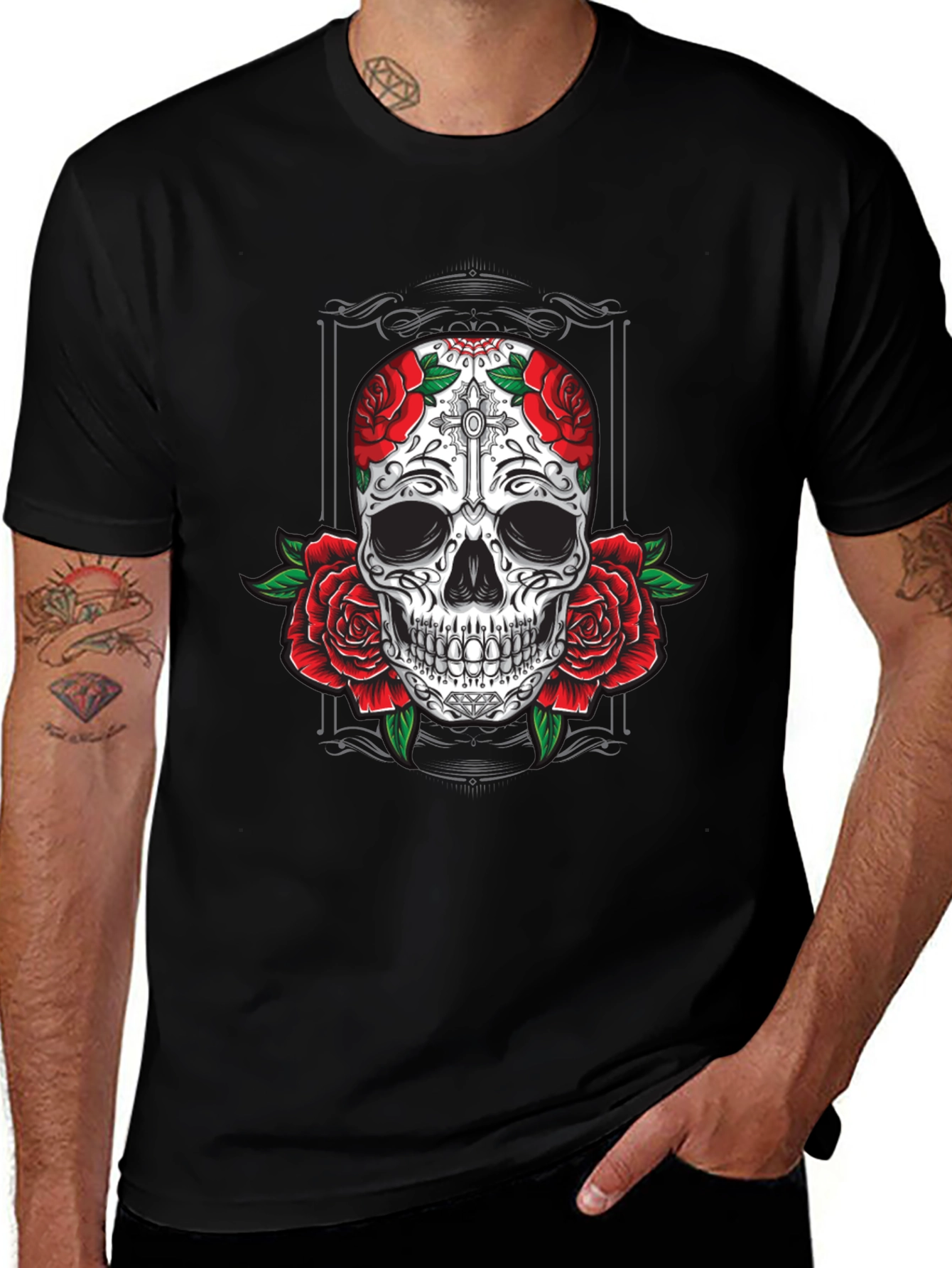 Skull & Roses Graphic Tee - Mens Black T-Shirt