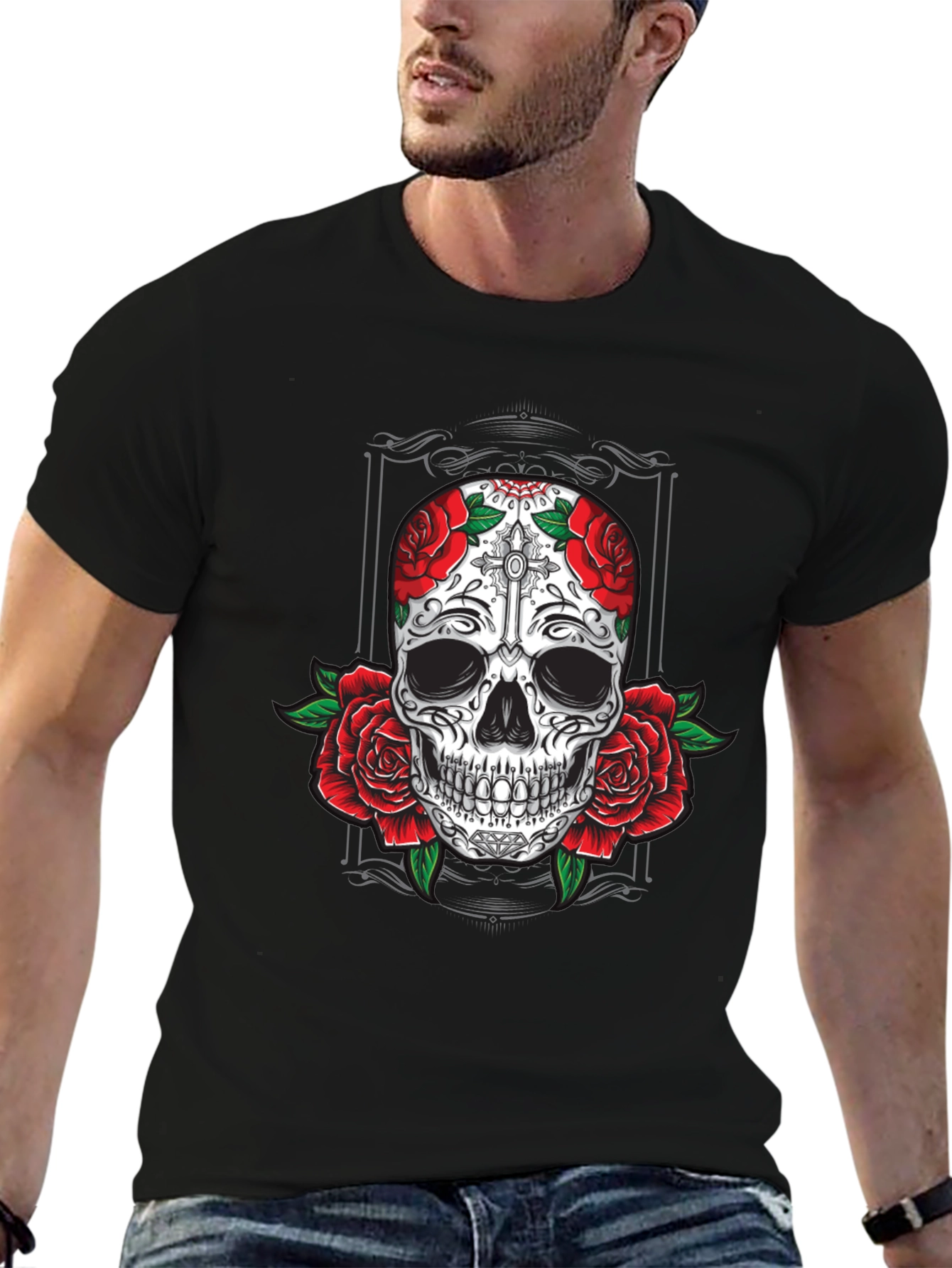 Skull & Roses Graphic Tee - Mens Black T-Shirt