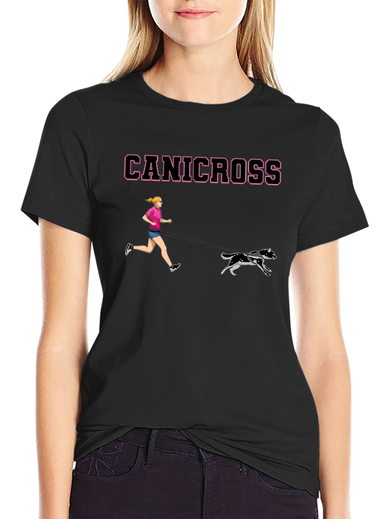 Canicross T-Shirt - Woman & Dogs Running Black Tee