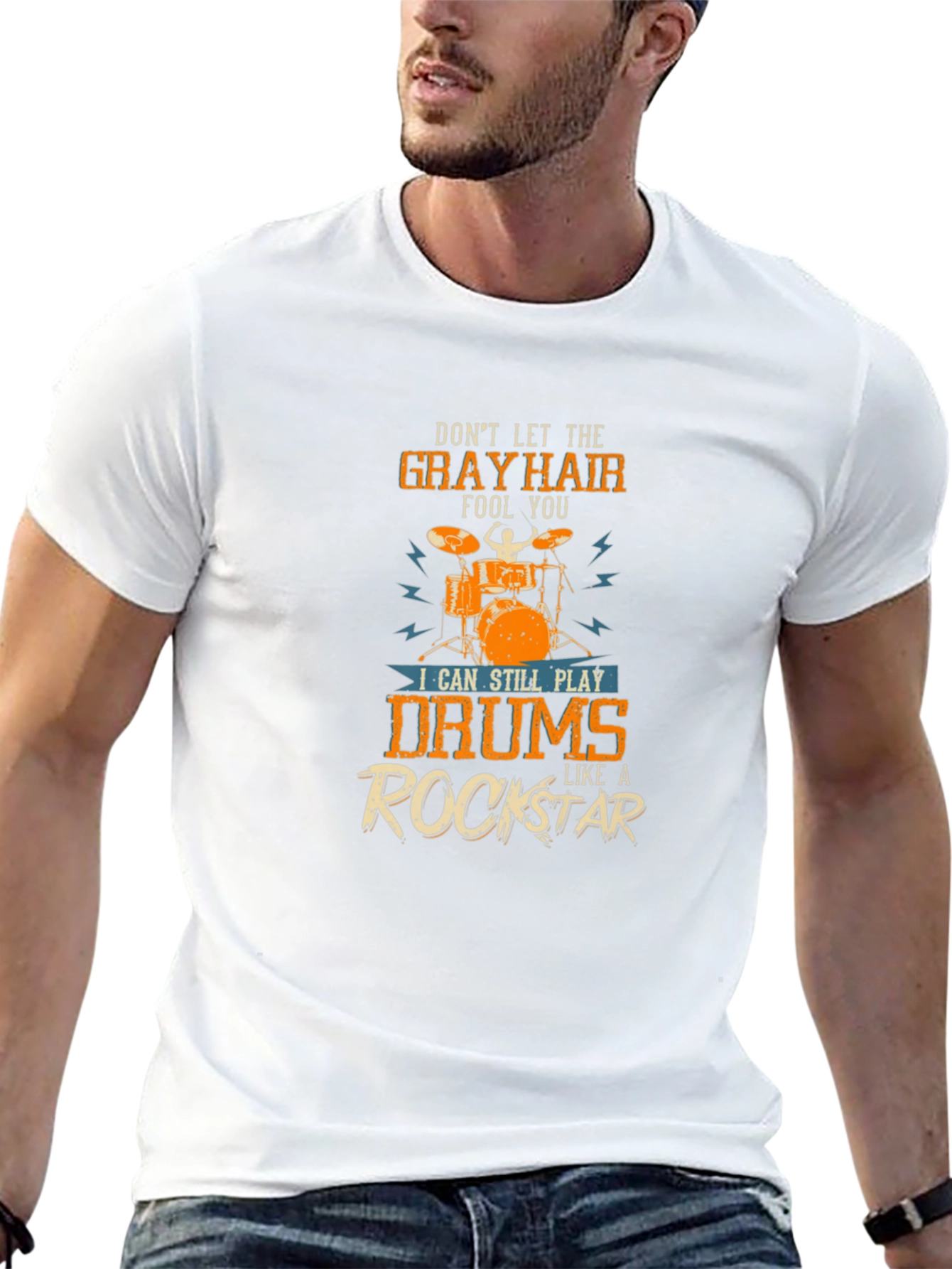 Gray Hair Rockstar Drummer T-Shirt - Music Lover Tee