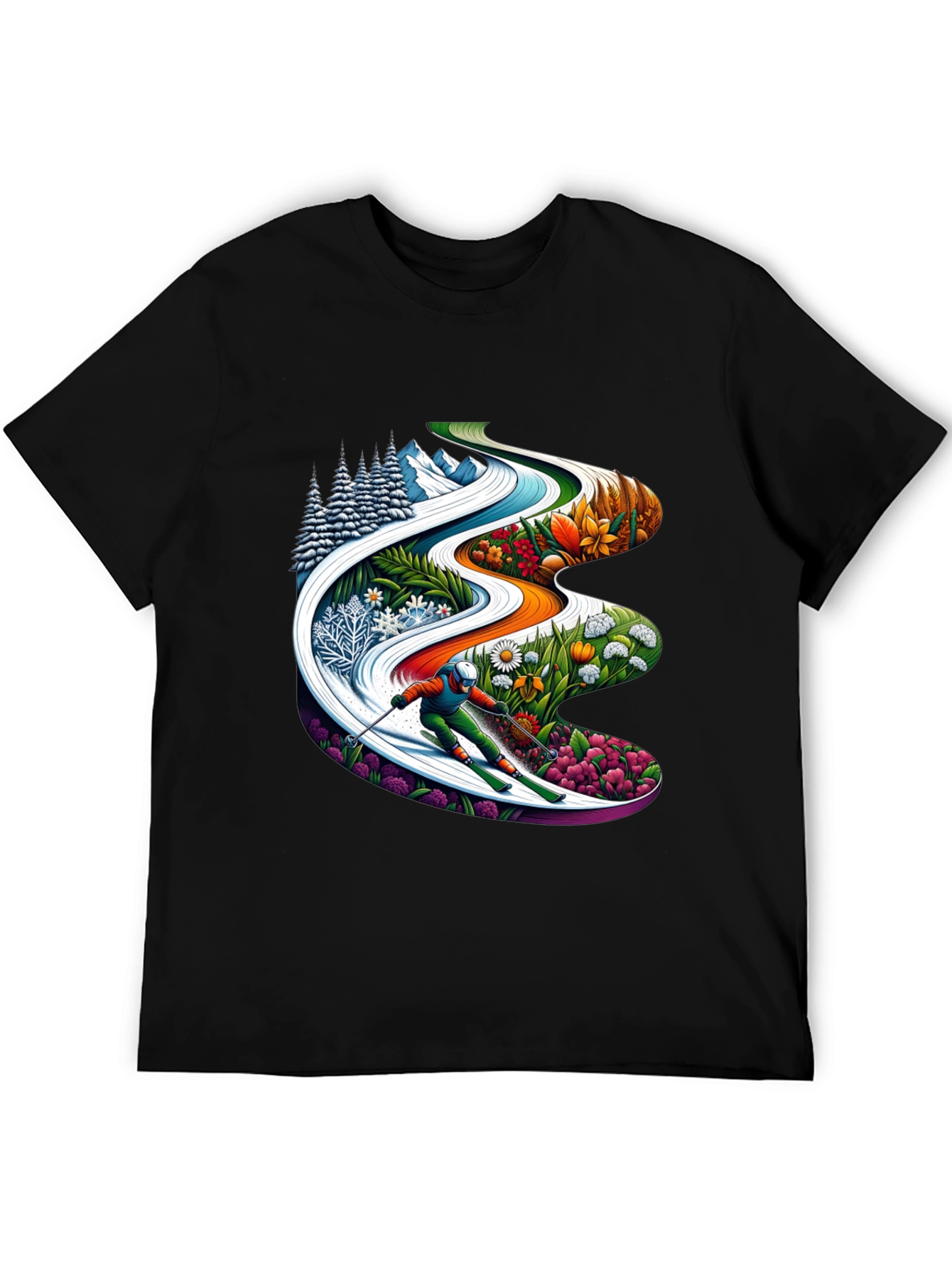 Seasons Skiing Graphic Tee -  Black Cotton T-Shirt