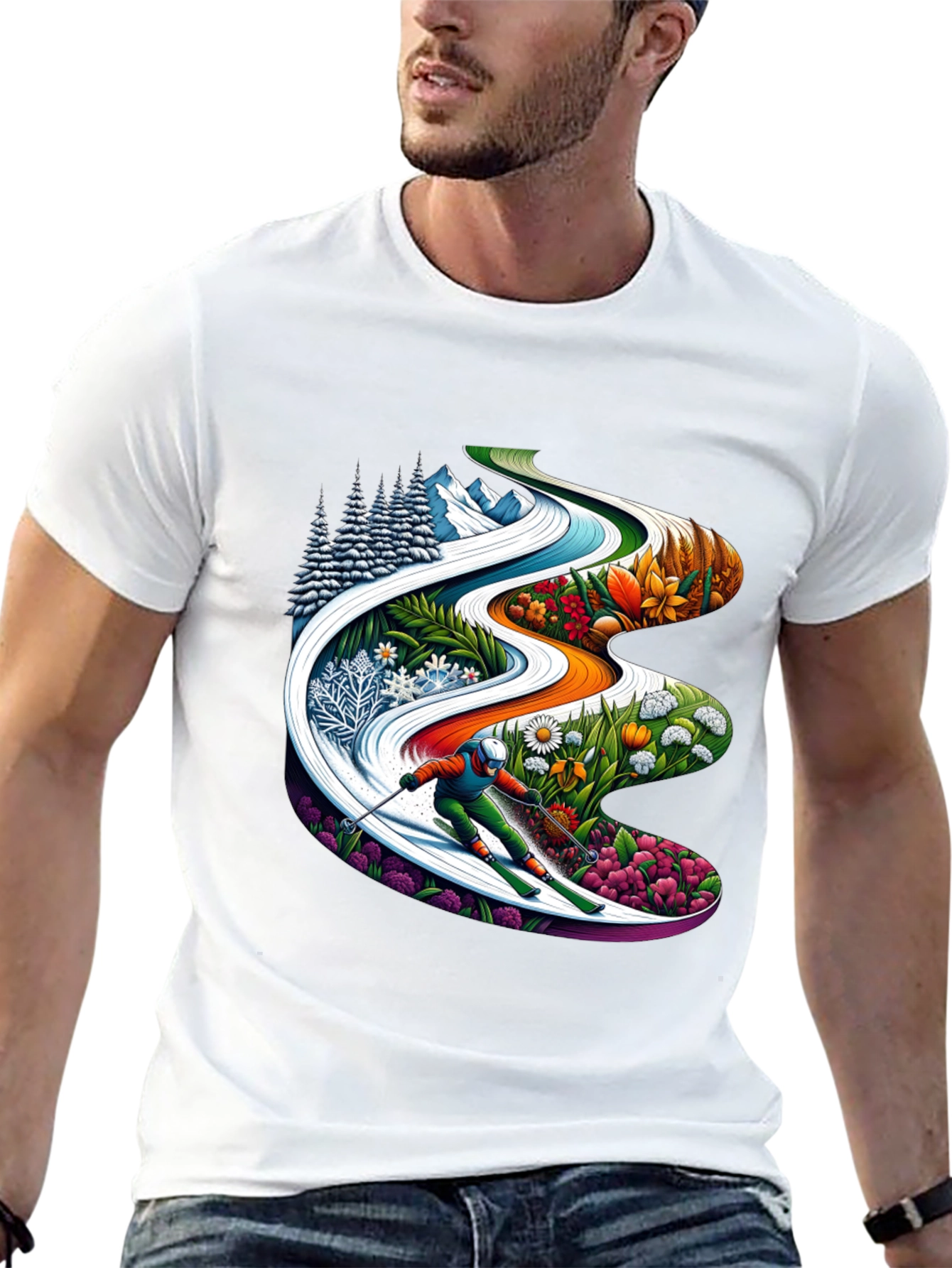 Seasons Skiing Graphic Tee -  Black Cotton T-Shirt