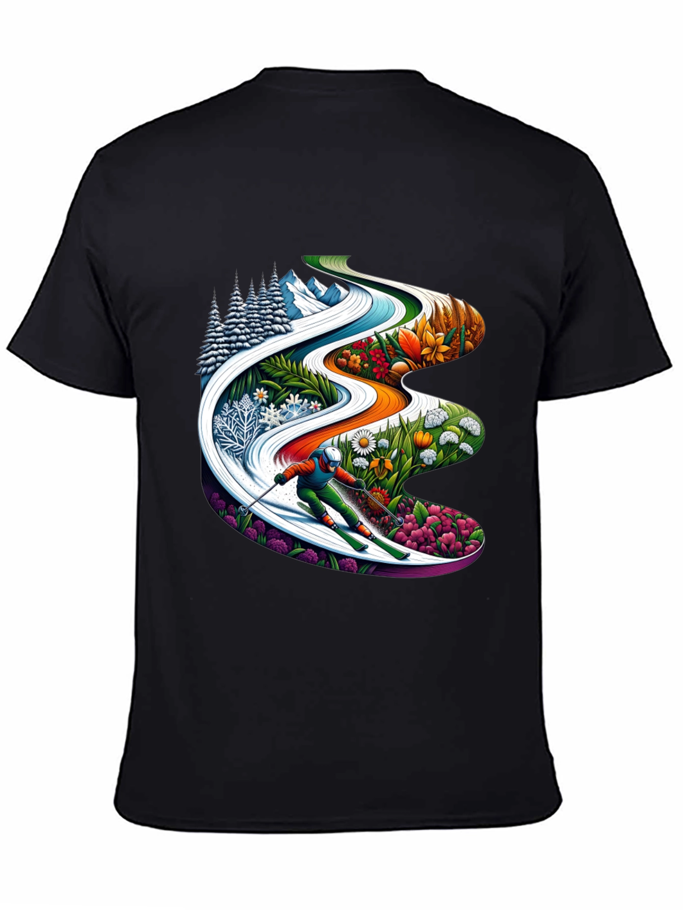 Seasons Skiing Graphic Tee -  Black Cotton T-Shirt