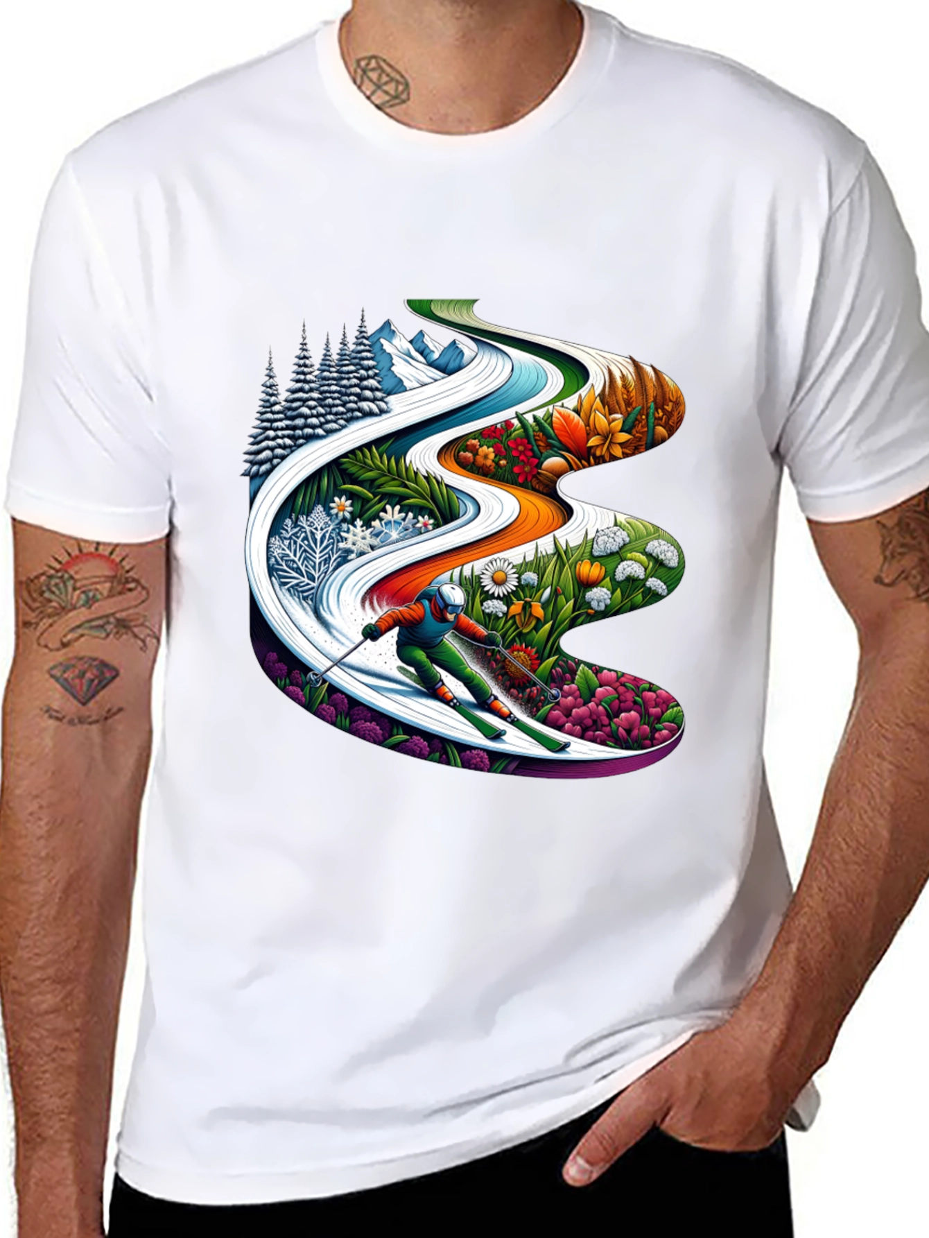 Seasons Skiing Graphic Tee -  Black Cotton T-Shirt