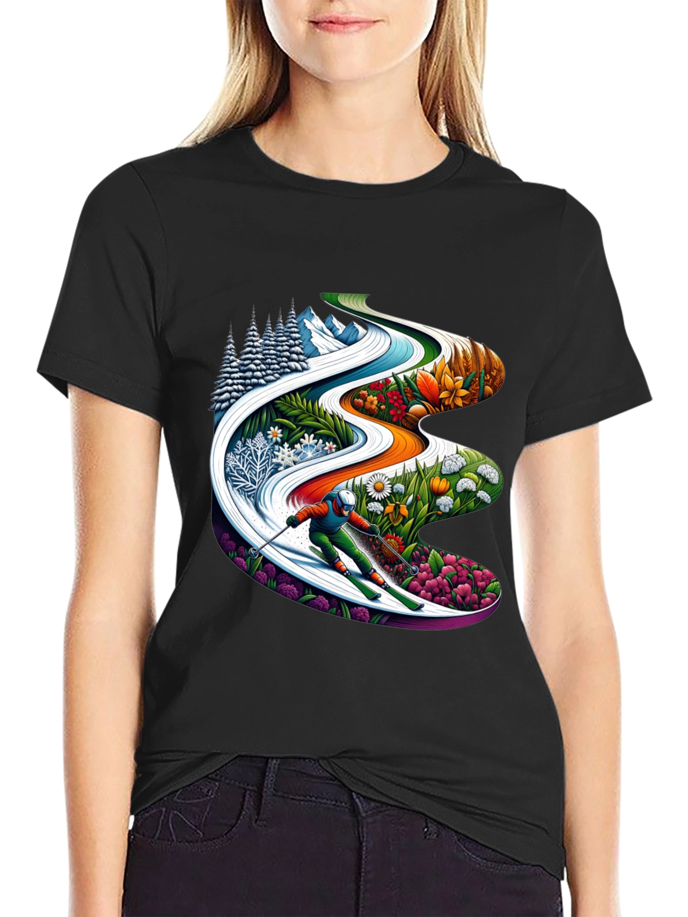 Seasons Skiing Graphic Tee -  Black Cotton T-Shirt