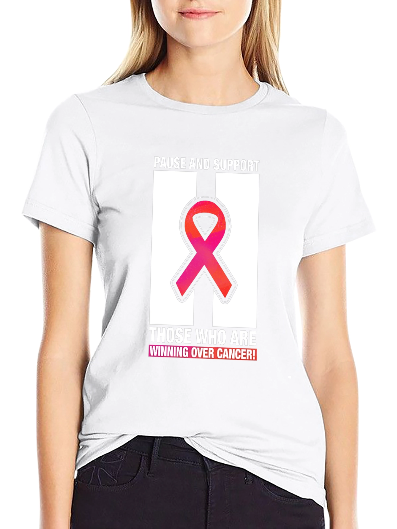 Pause and Support Cancer Awareness Ribbon T-Shirt