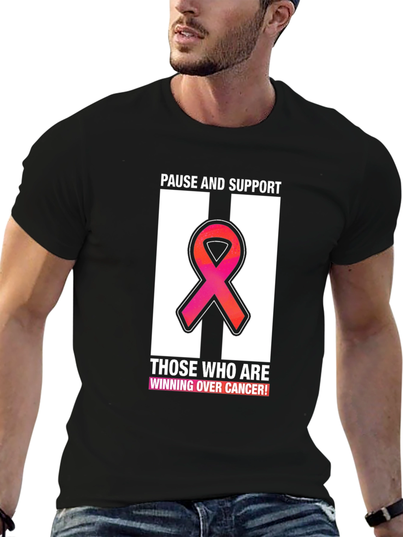 Pause and Support Cancer Awareness Ribbon T-Shirt