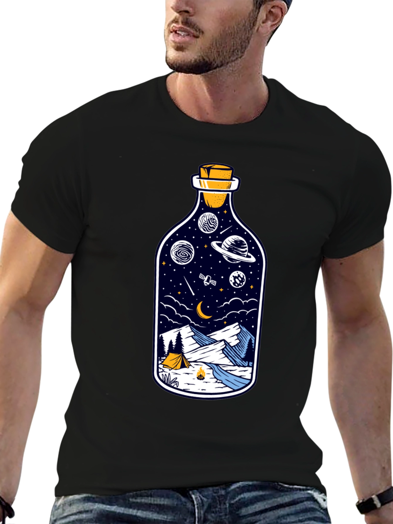 Space & Campfire T-Shirt - Unique Bottle Design