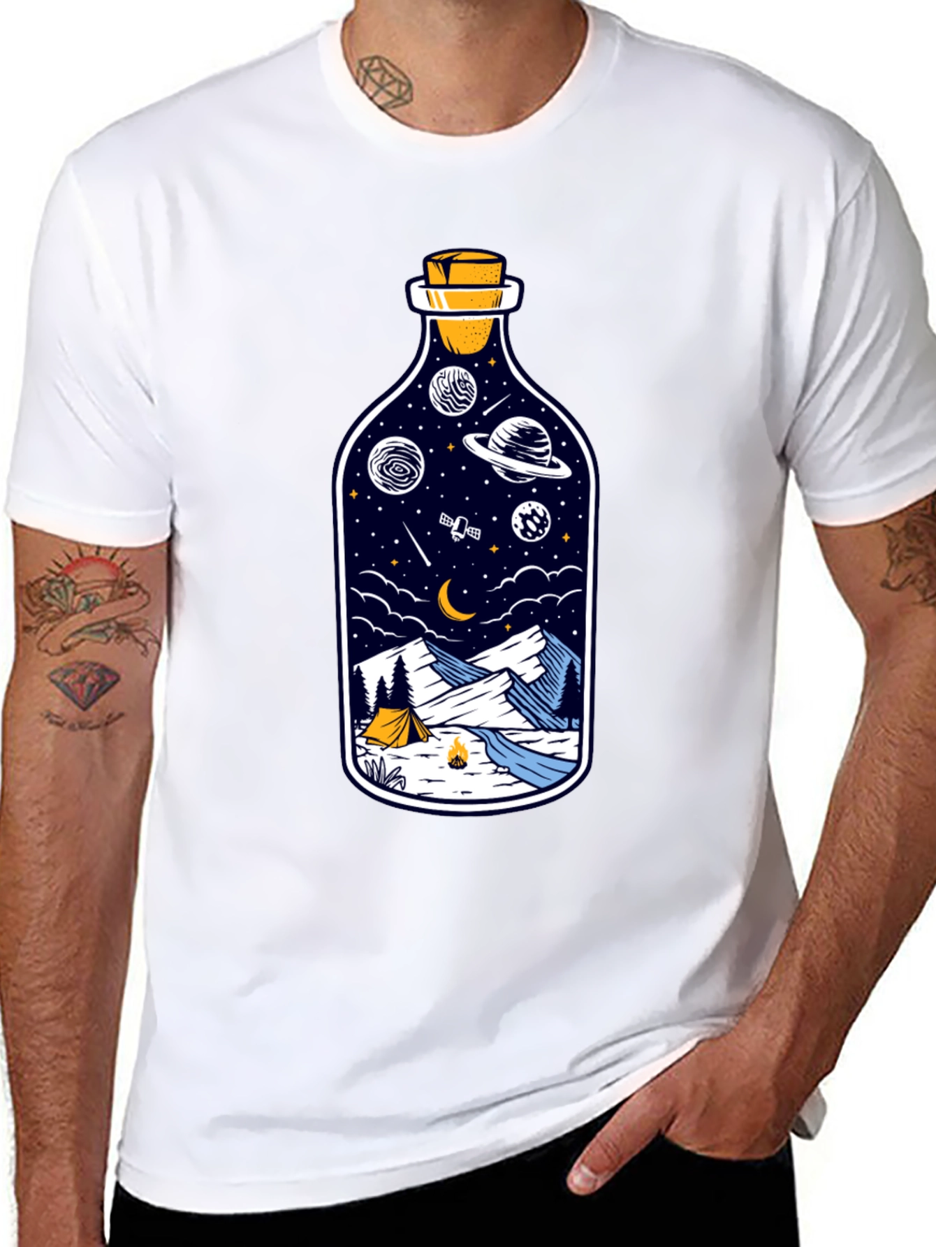 Space & Campfire T-Shirt - Unique Bottle Design