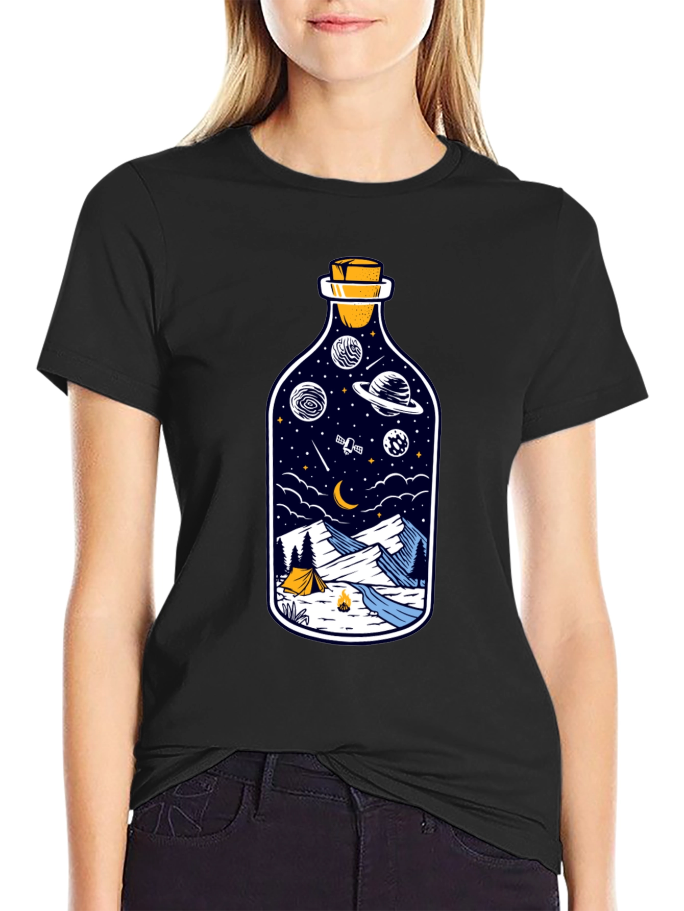 Space & Campfire T-Shirt - Unique Bottle Design