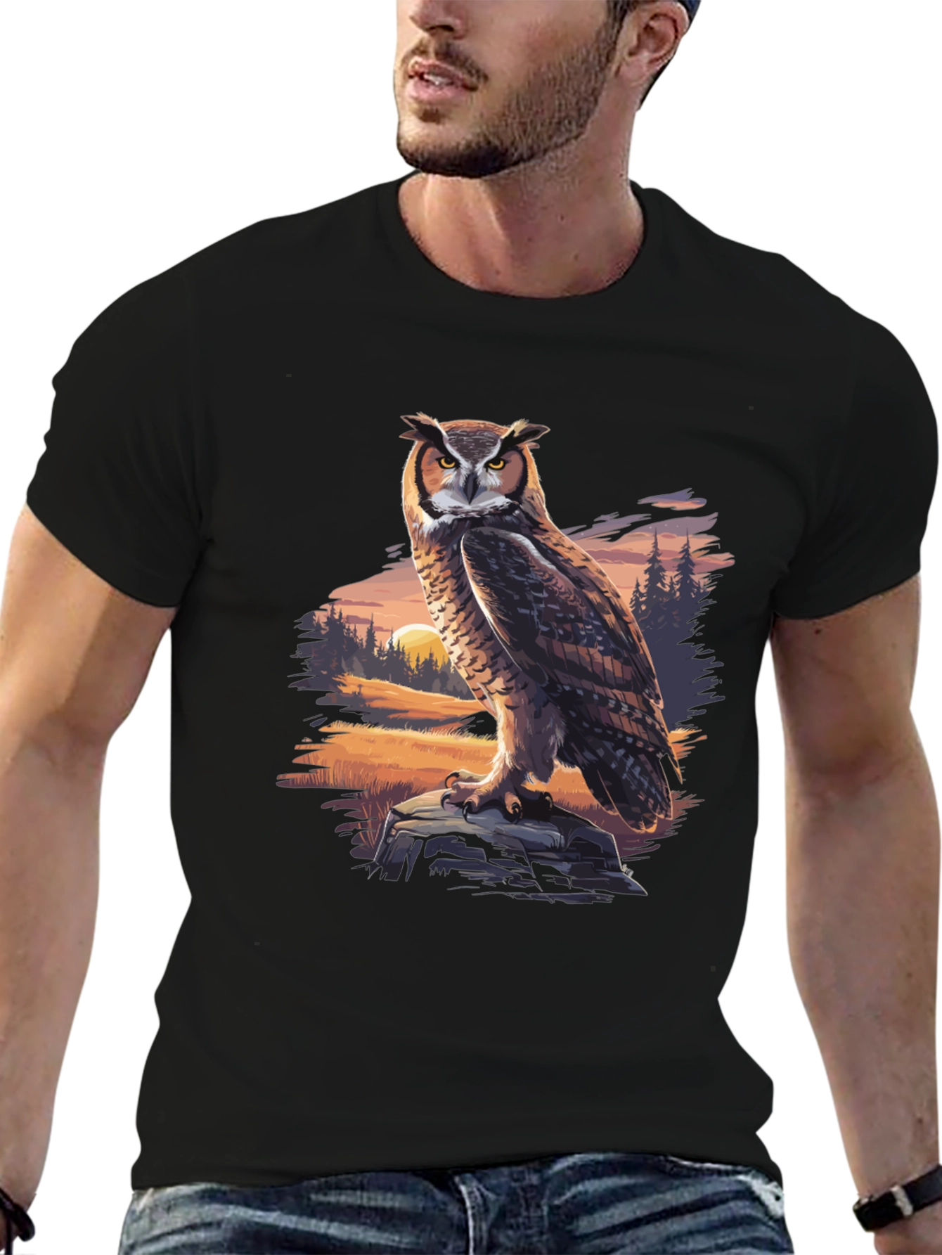 Owl Graphic Tee - Nature Print Black T-Shirt