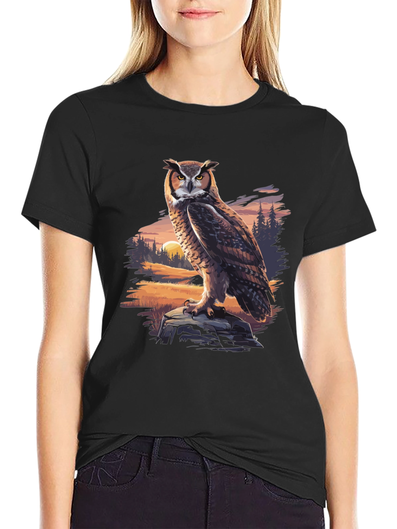Owl Graphic Tee - Nature Print Black T-Shirt