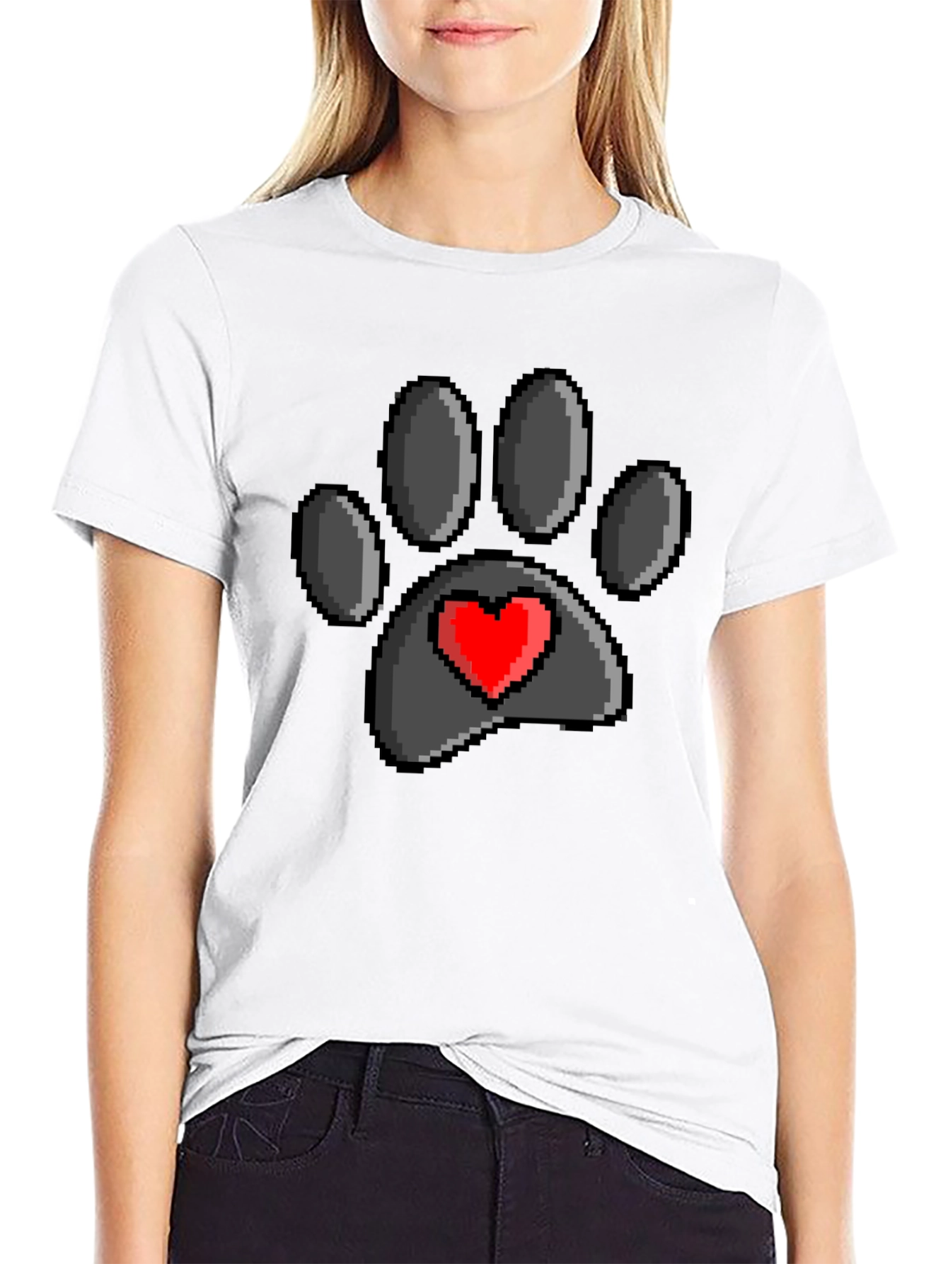 Pixel Paw Print Heart T-Shirt - Black