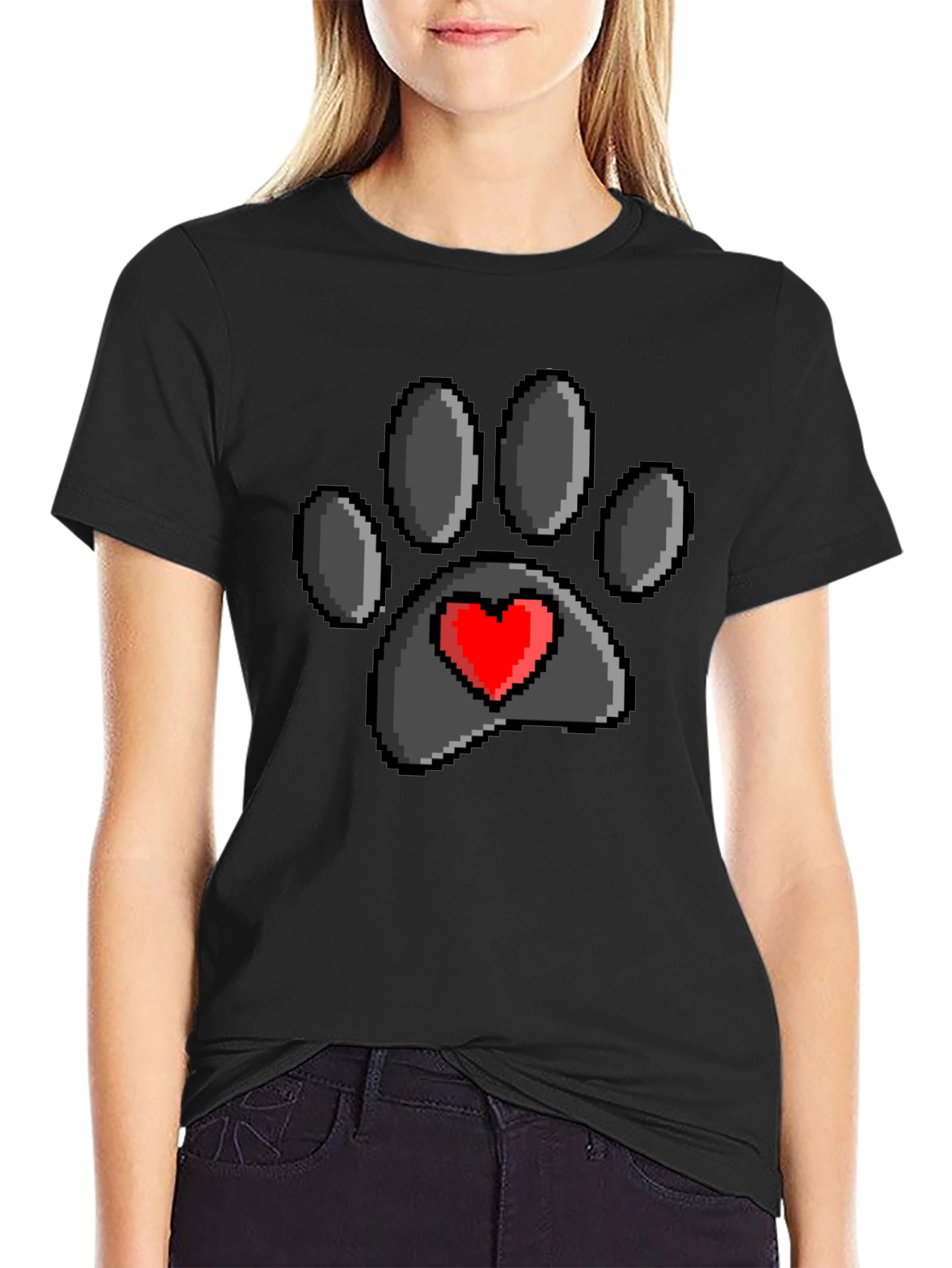 Pixel Paw Print Heart T-Shirt - Black