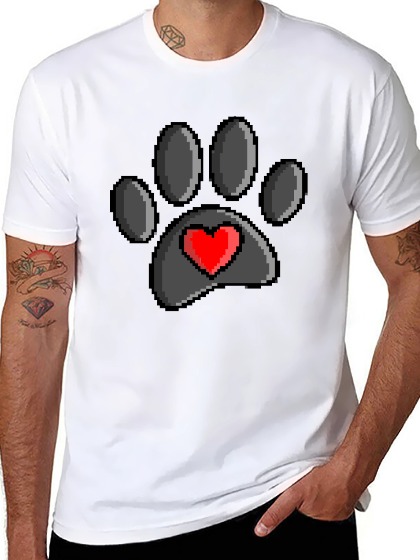 Pixel Paw Print Heart T-Shirt - Black