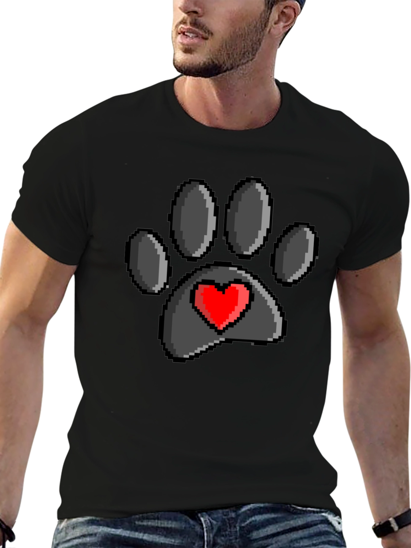 Pixel Paw Print Heart T-Shirt - Black