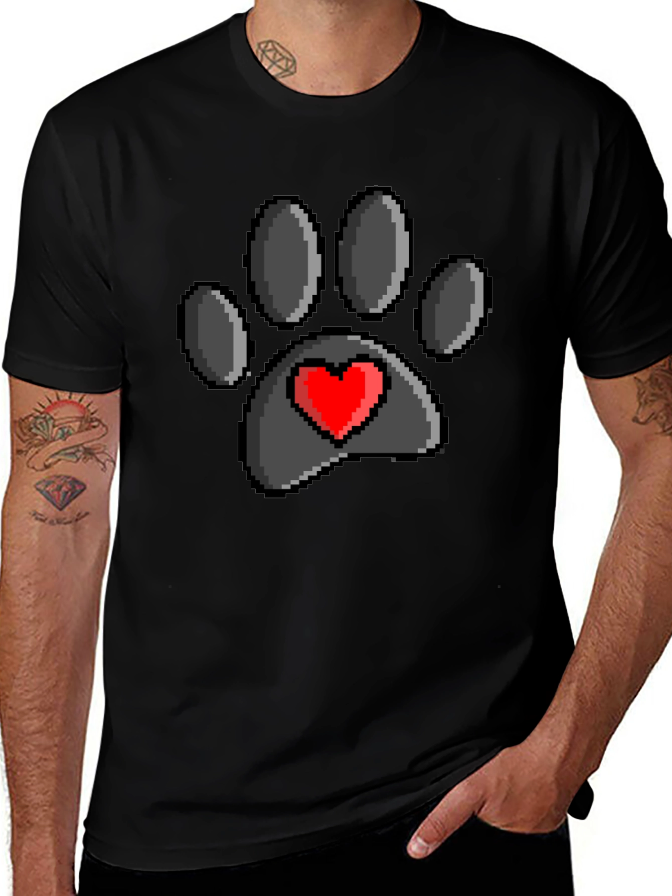 Pixel Paw Print Heart T-Shirt - Black