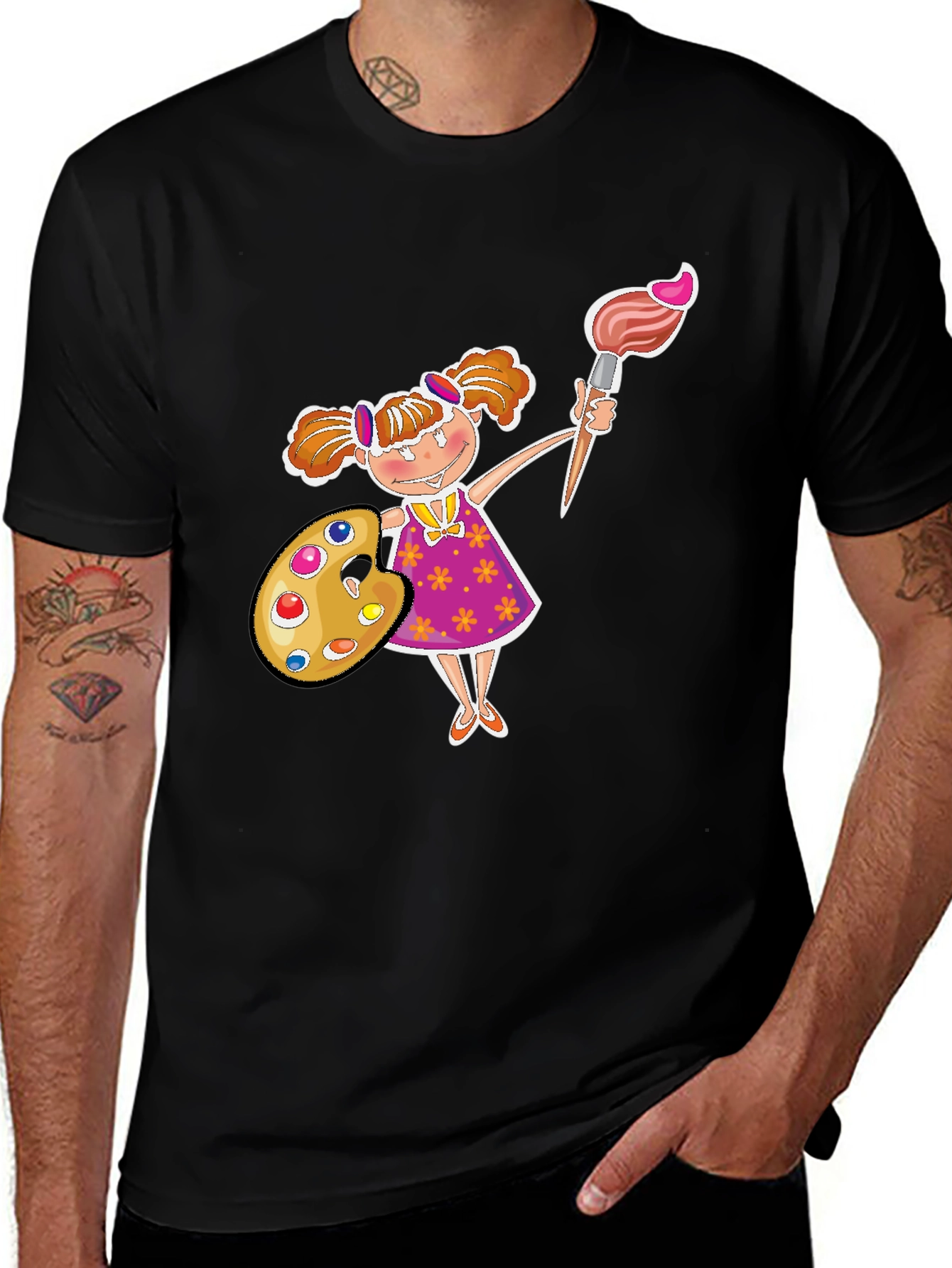 Painter Girl Graphic Tee - Black Cotton T-Shirt