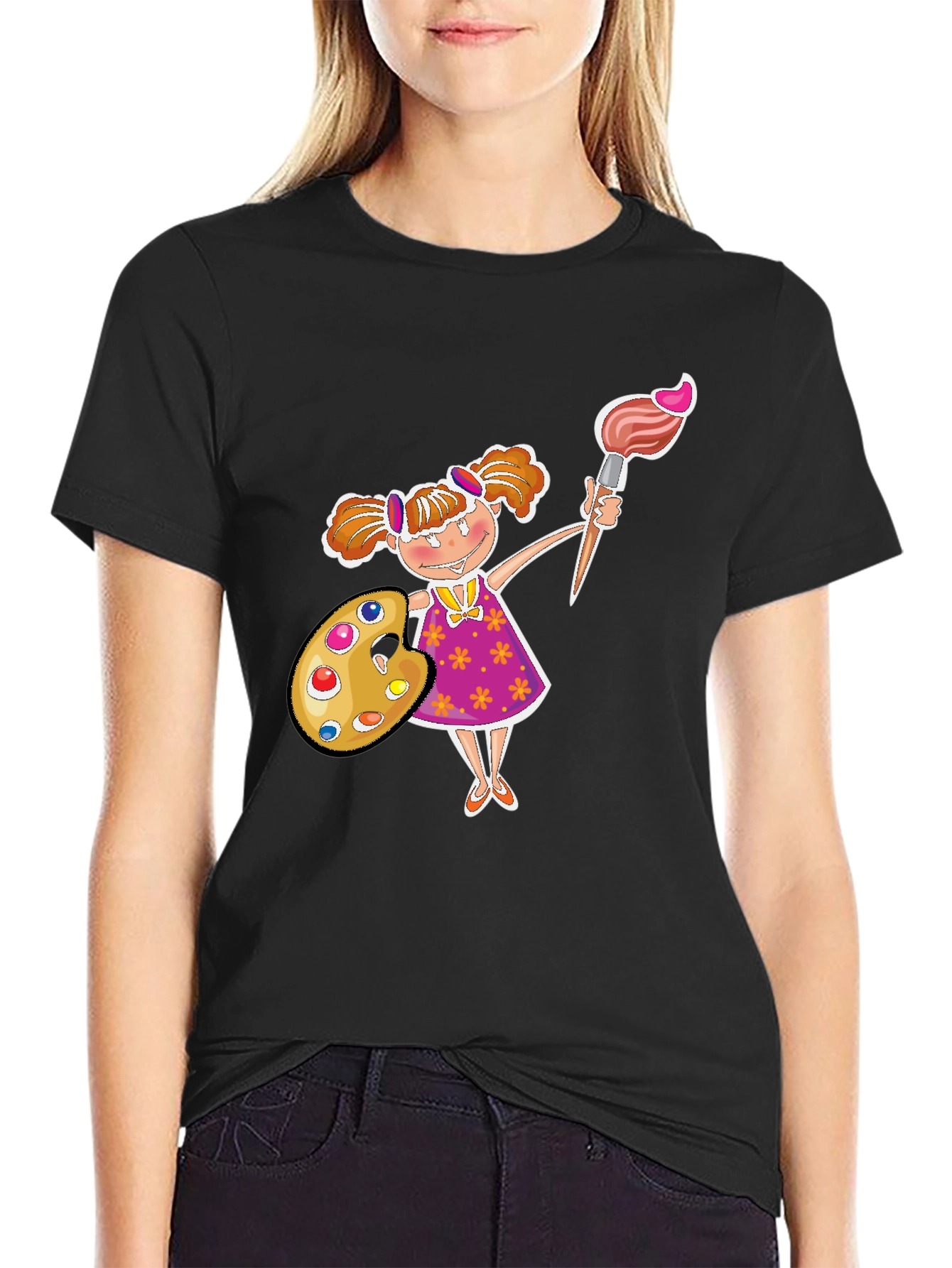 Painter Girl Graphic Tee - Black Cotton T-Shirt