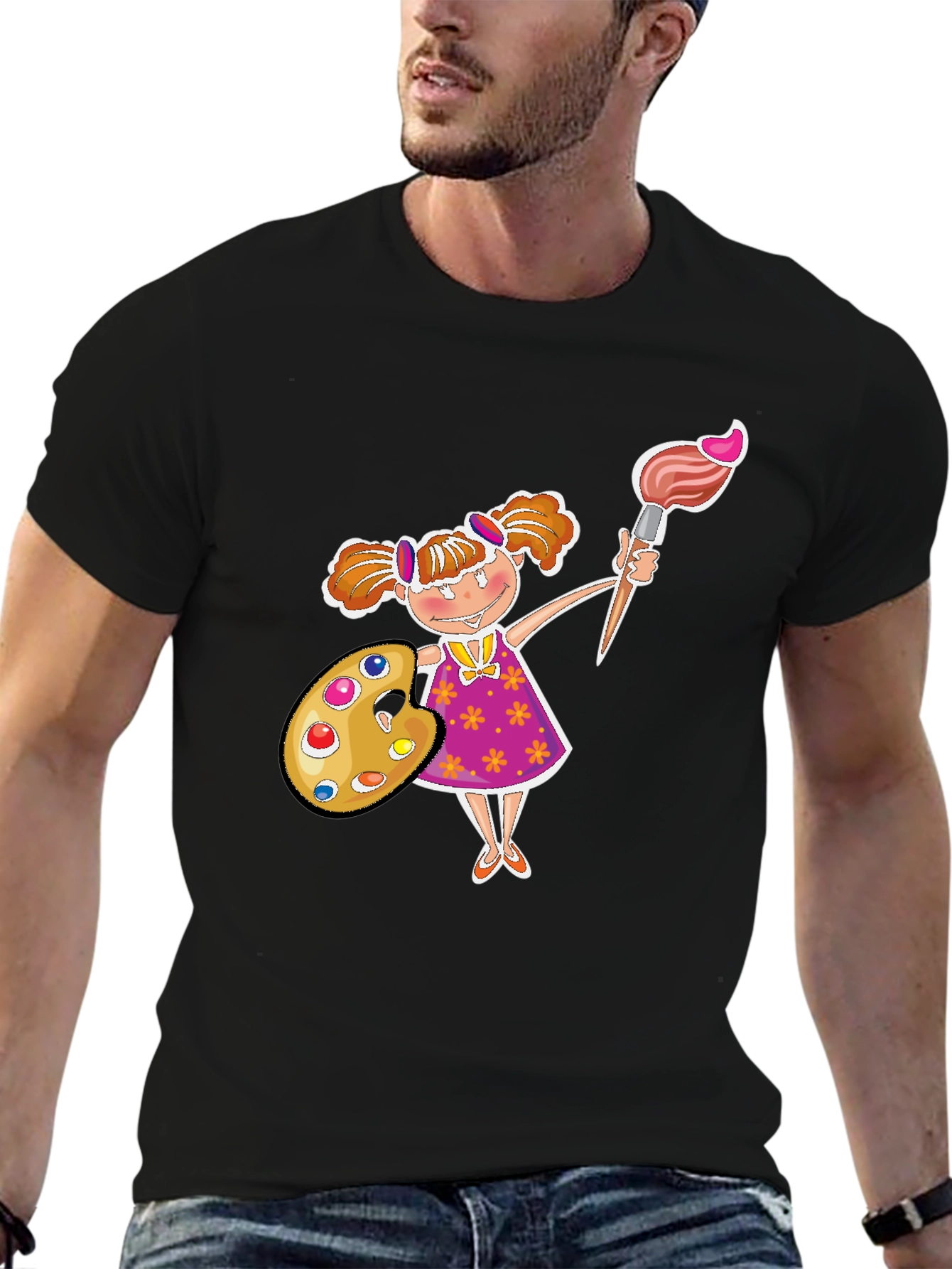 Painter Girl Graphic Tee - Black Cotton T-Shirt
