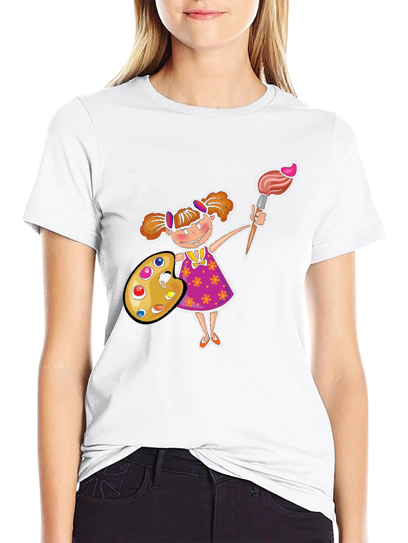 Painter Girl Graphic Tee - Black Cotton T-Shirt