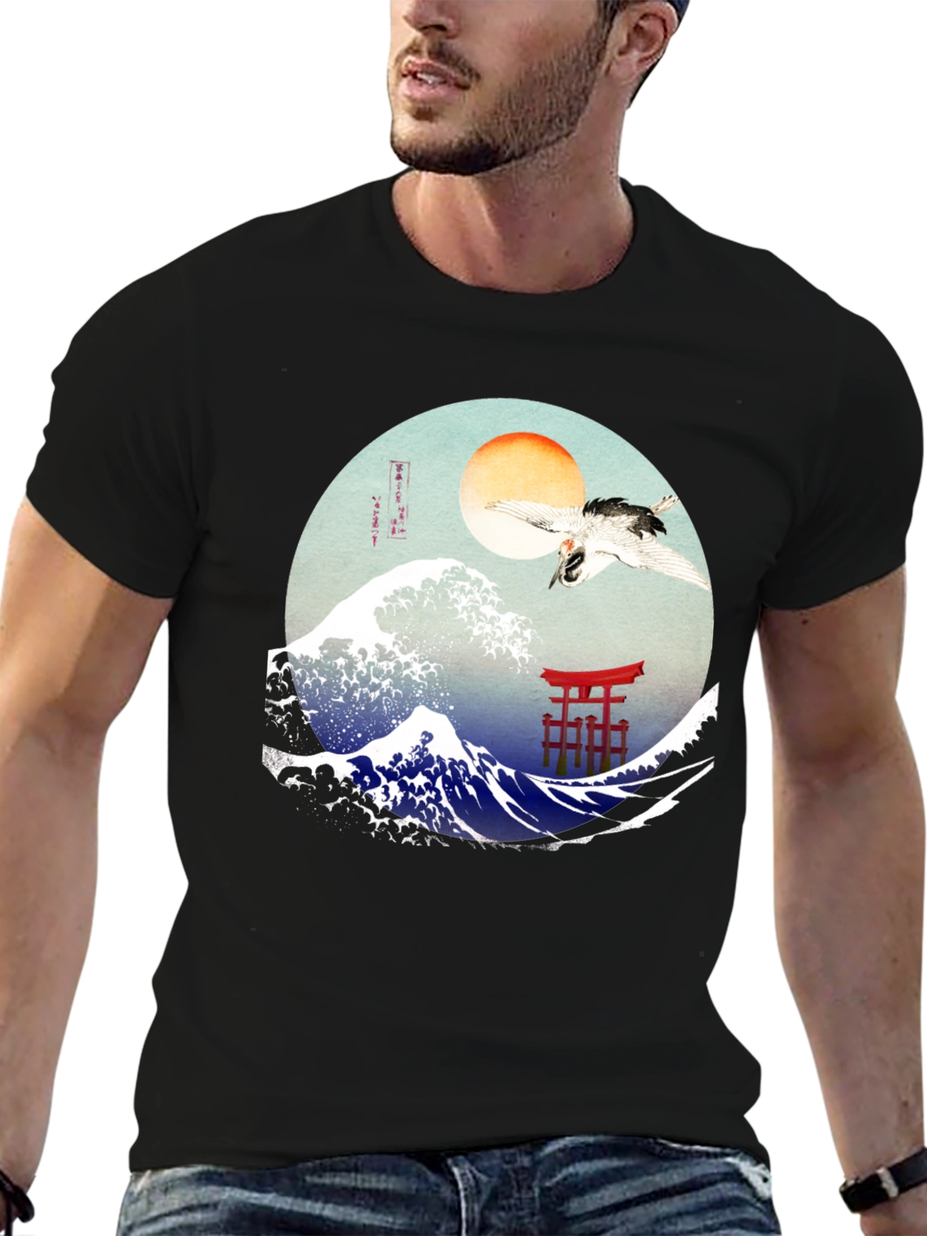 Great Wave Crane Torii Black Graphic Tee
