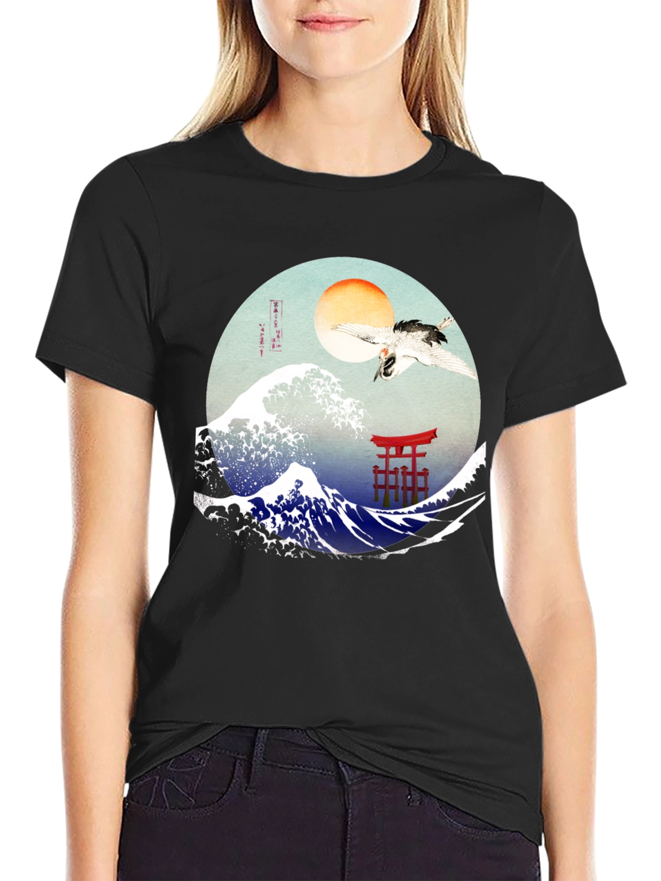 Great Wave Crane Torii Black Graphic Tee