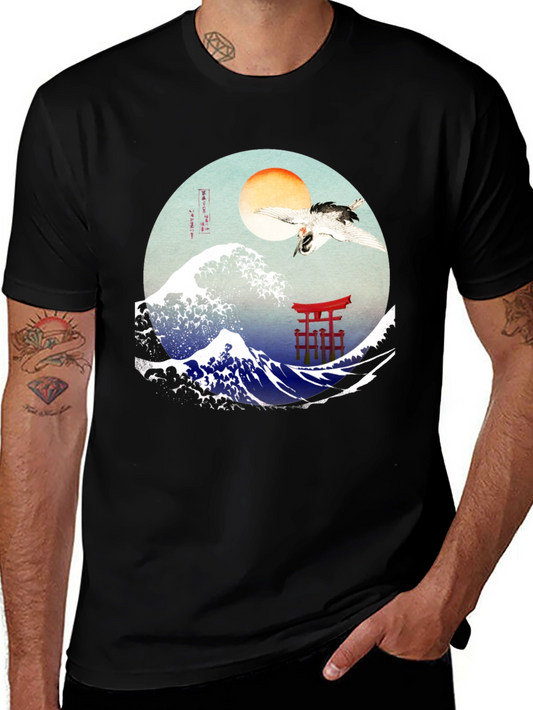 Great Wave Crane Torii Black Graphic Tee