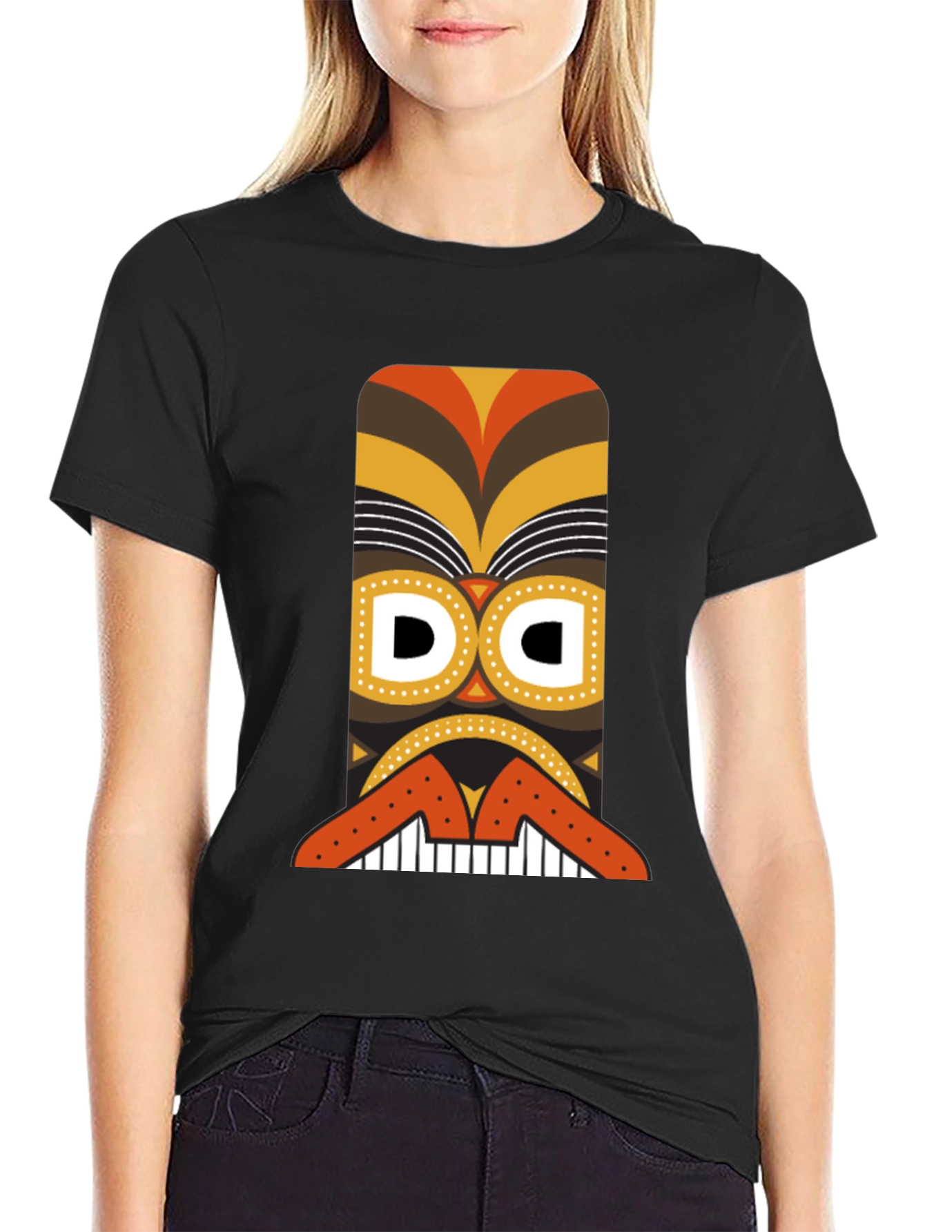 Tribal Tiki Mask Graphic Tee - Black