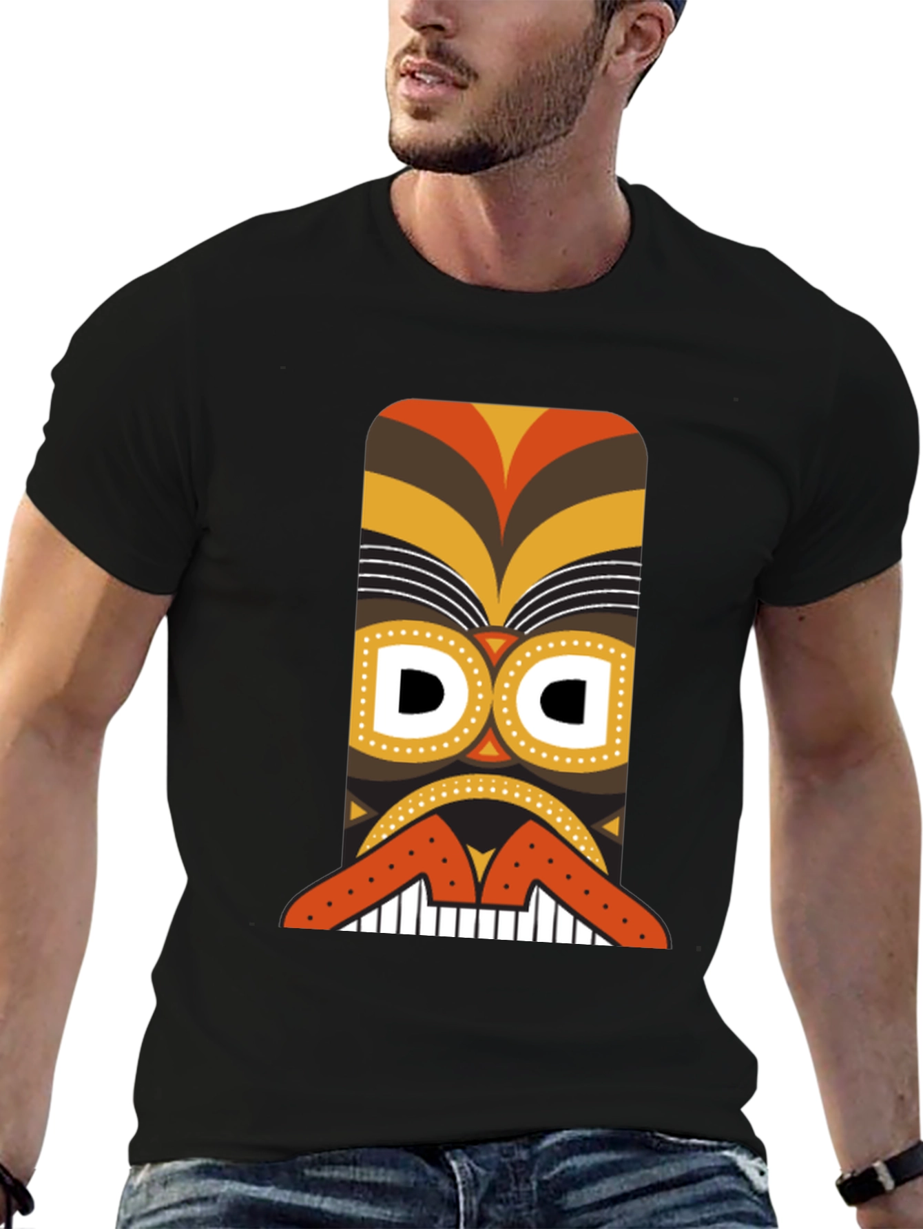 Tribal Tiki Mask Graphic Tee - Black