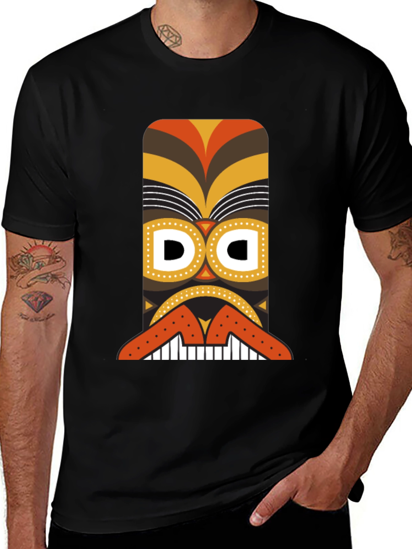 Tribal Tiki Mask Graphic Tee - Black