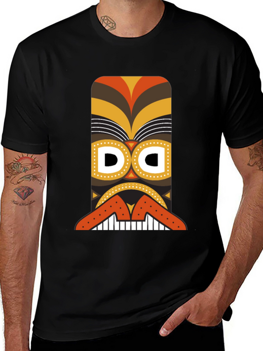 Tribal Tiki Mask Graphic Tee - Black
