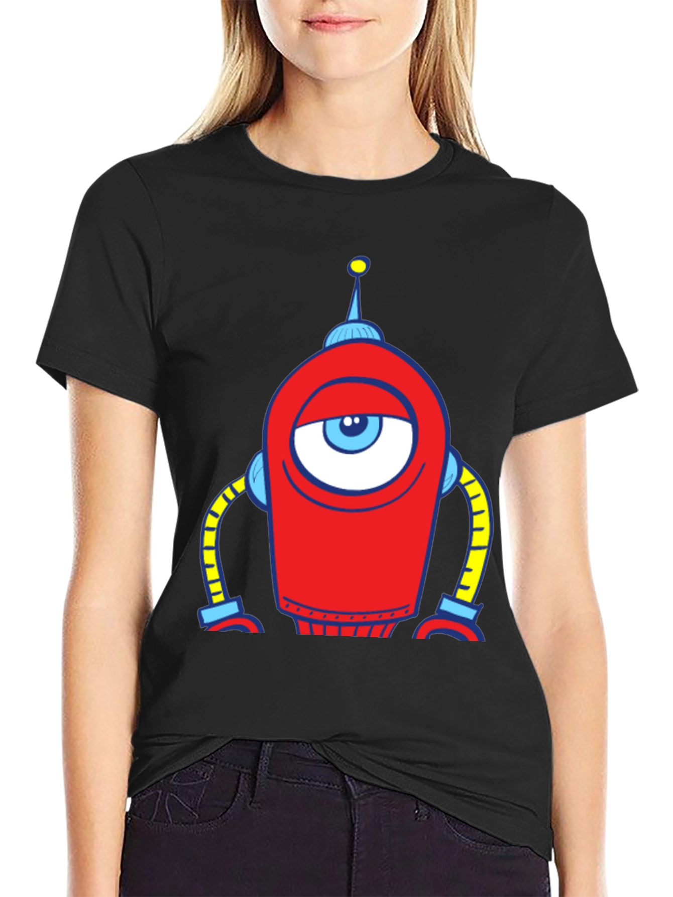 Robot Eye Graphic Tee - Black Cotton T-Shirt