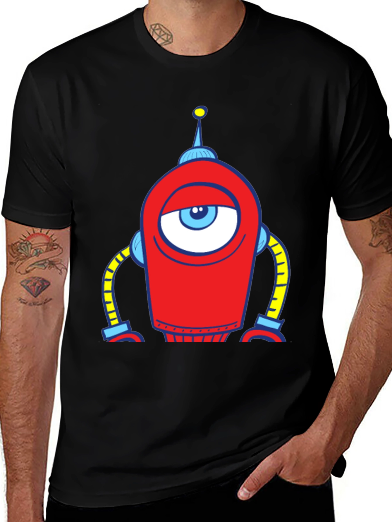 Robot Eye Graphic Tee - Black Cotton T-Shirt