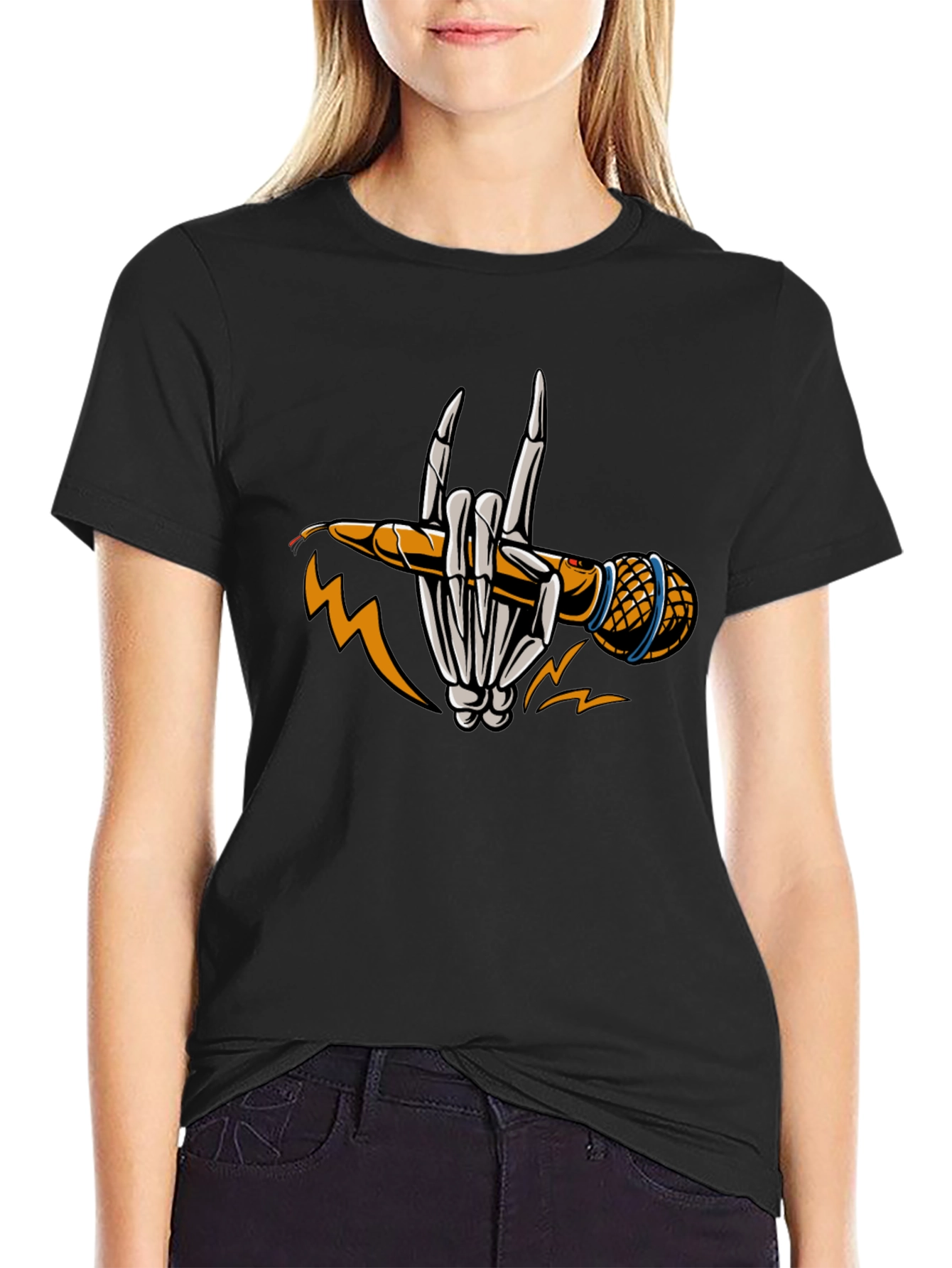 Rock On Skeleton Hand Microphone Graphic T-Shirt
