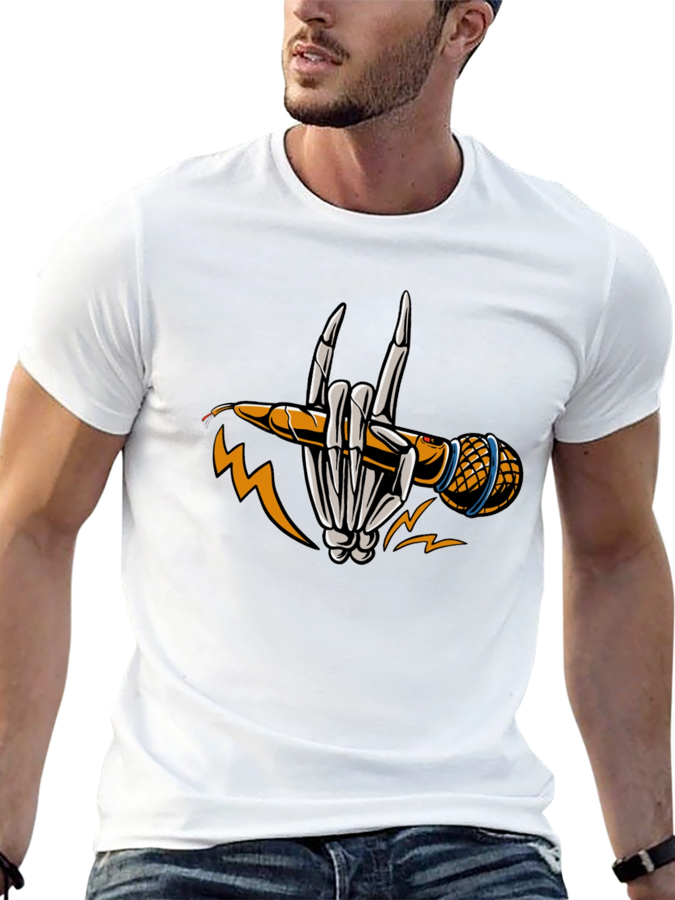 Rock On Skeleton Hand Microphone Graphic T-Shirt