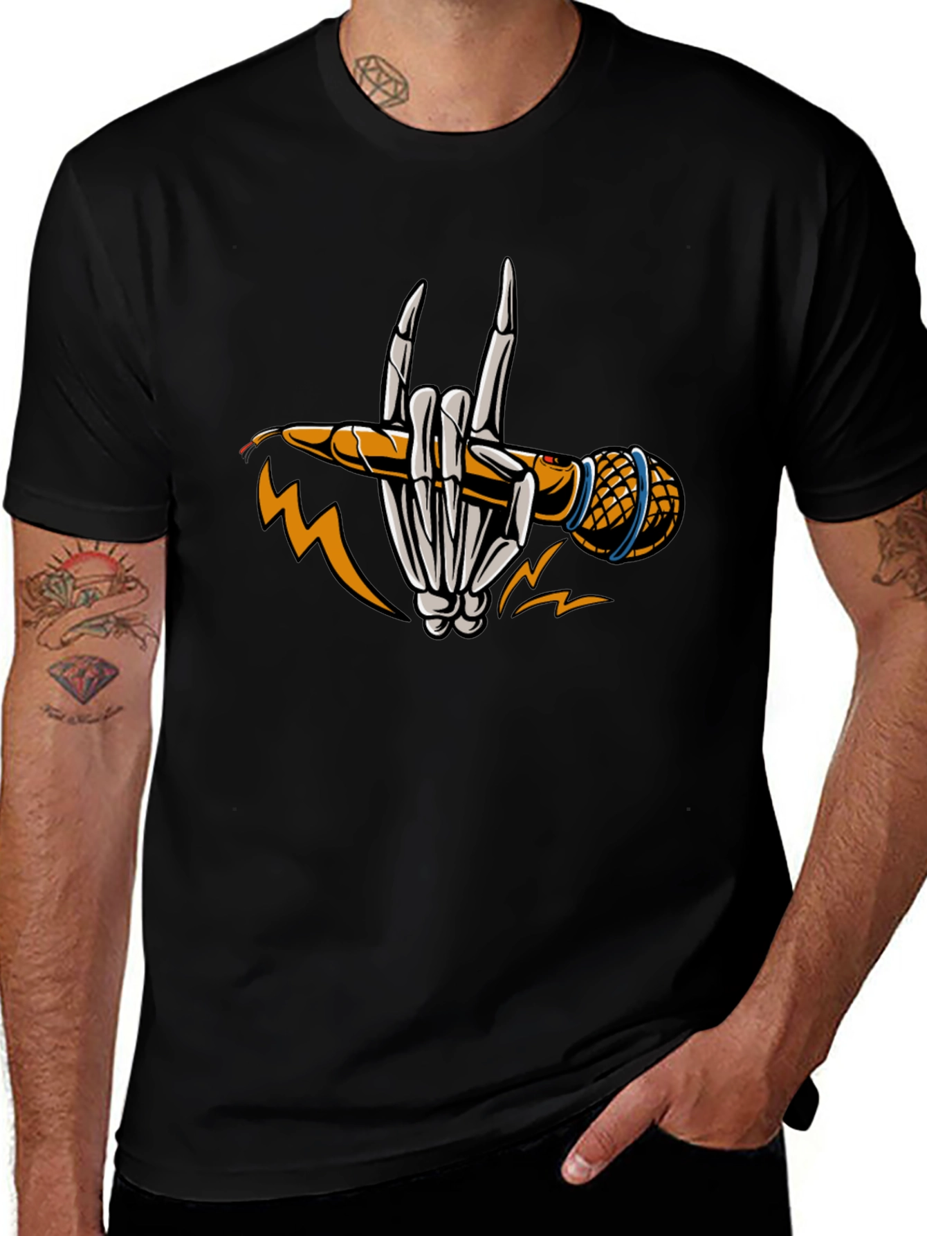 Rock On Skeleton Hand Microphone Graphic T-Shirt