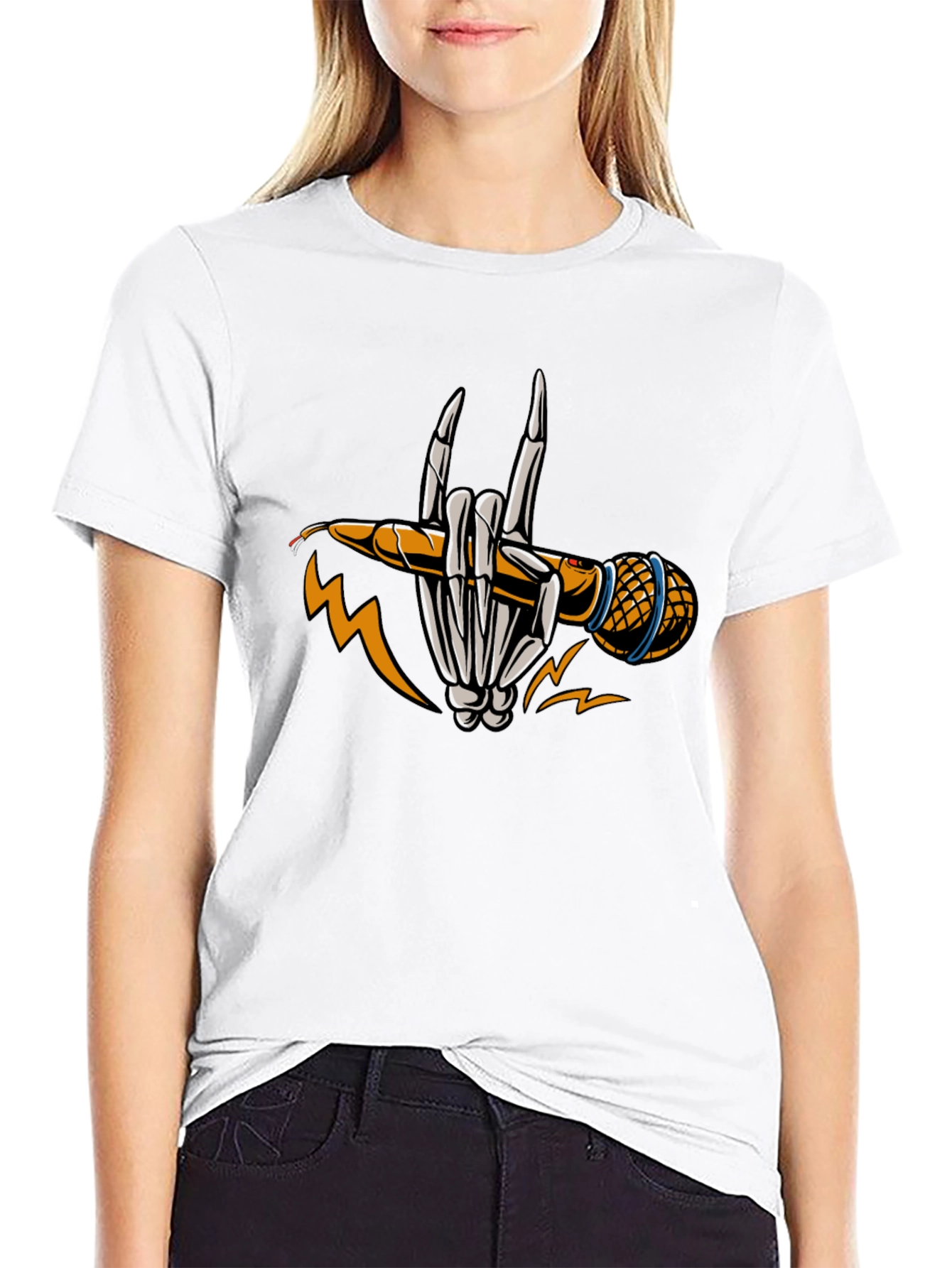 Rock On Skeleton Hand Microphone Graphic T-Shirt