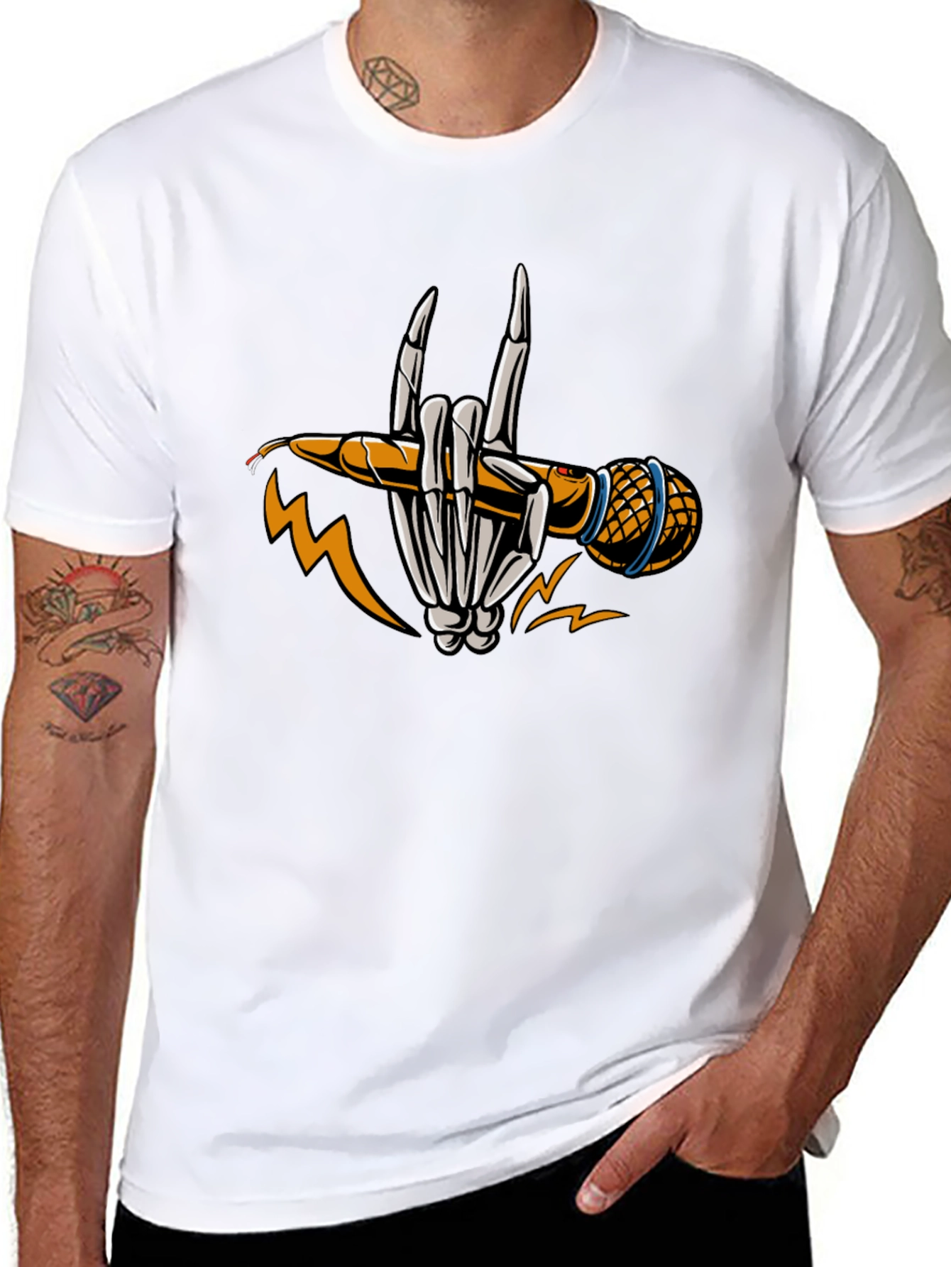 Rock On Skeleton Hand Microphone Graphic T-Shirt