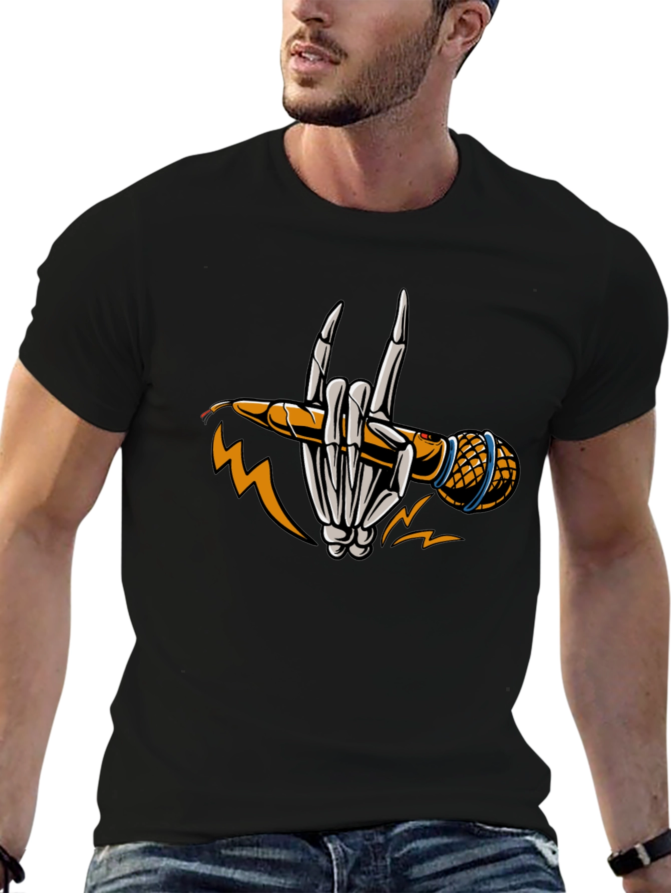 Rock On Skeleton Hand Microphone Graphic T-Shirt