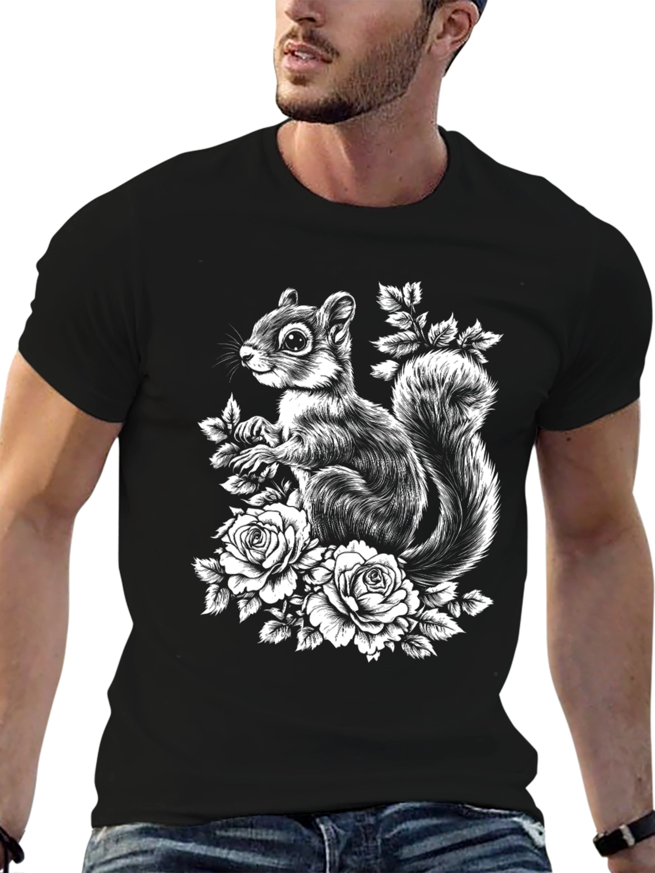 Squirrel & Roses Graphic Tee - Black Cotton Blend
