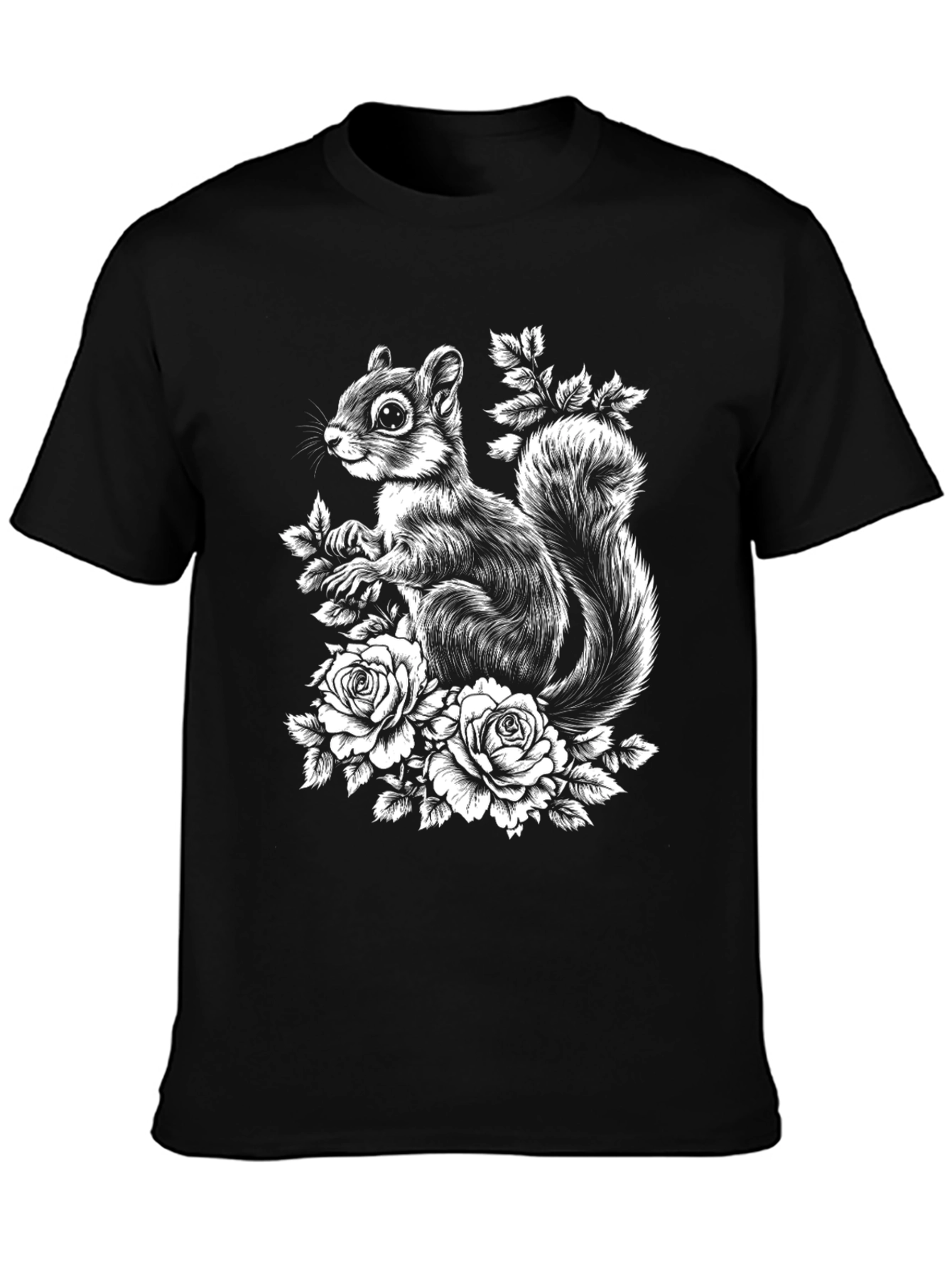 Squirrel & Roses Graphic Tee - Black Cotton Blend