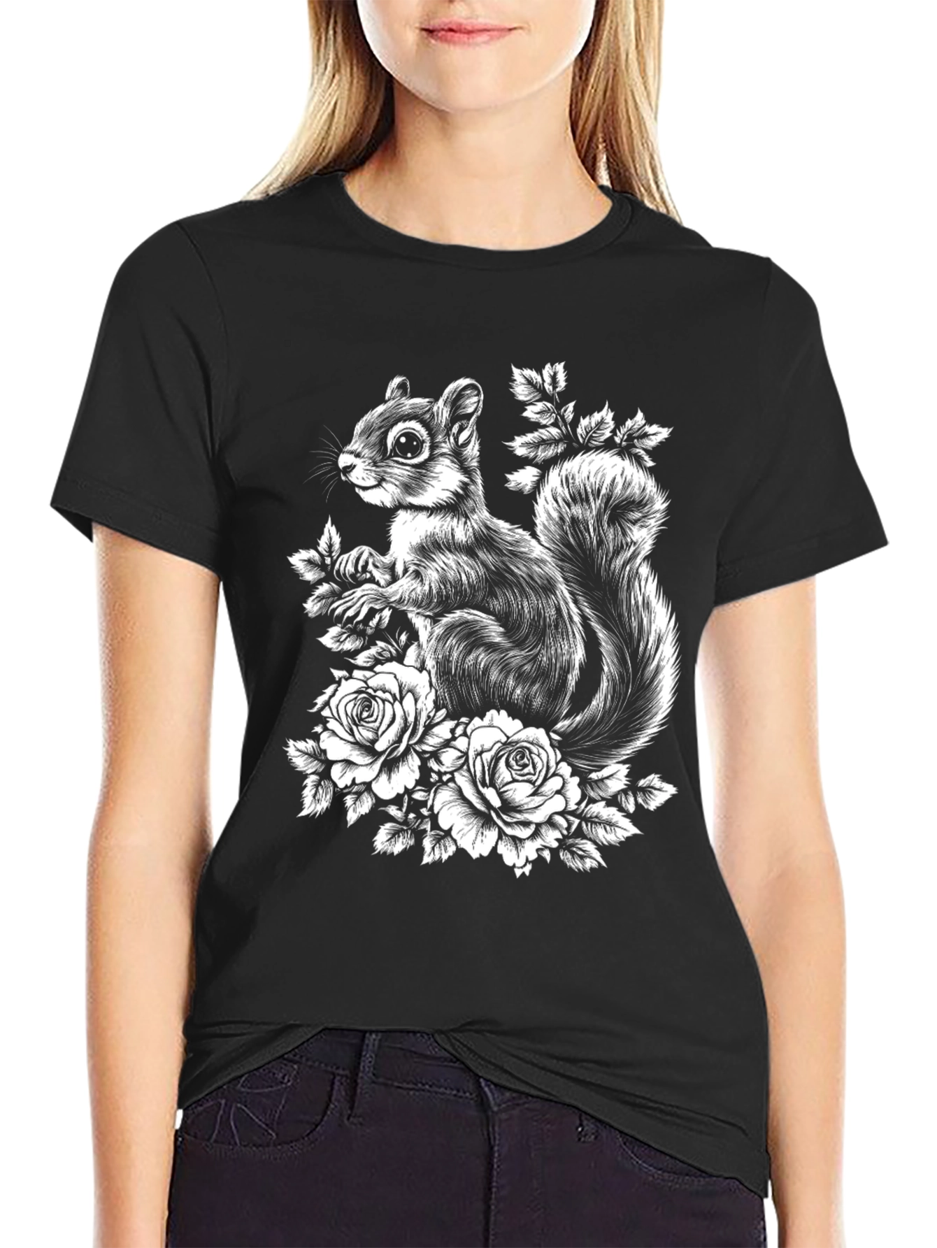 Squirrel & Roses Graphic Tee - Black Cotton Blend